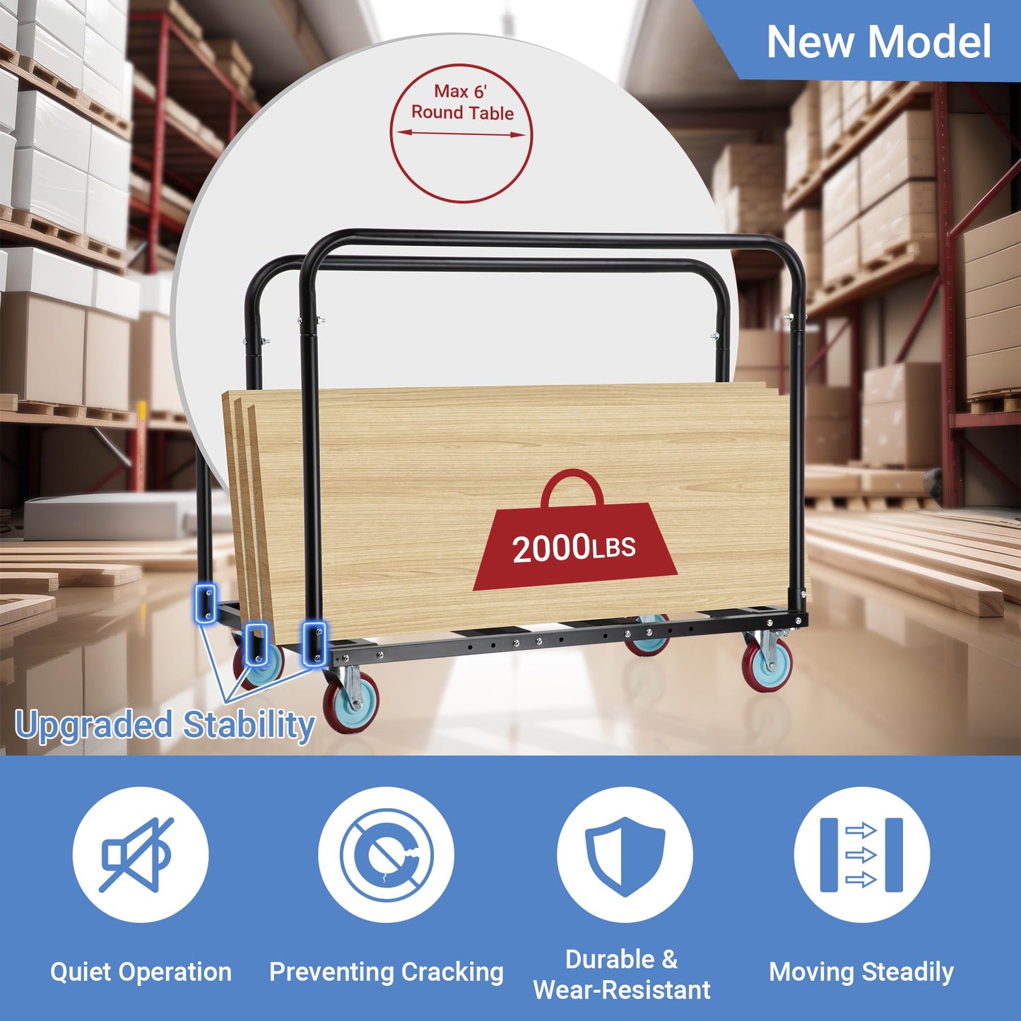 Eastrexon Updated Folding Table Cart, 5" Swivel Wheels Heavy Duty Table Dolly, Drywall Dolly Cart w/ 2000 LBS & 10 Table Capacity for Party Events, Factory, Hotel, Warehouse