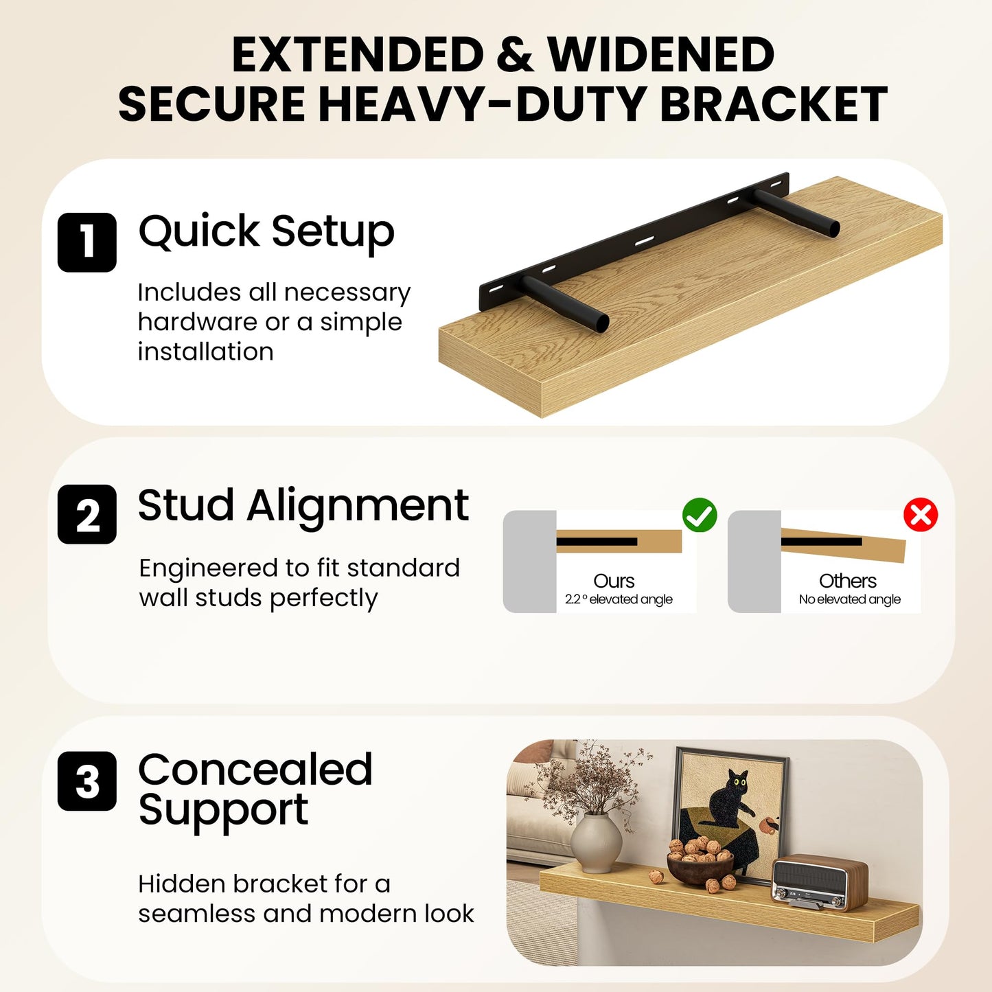 72 Inch Floating Shelves for Wall, Rustic Wood Wall Mounted Deep Storage Shelves with Invisible Brackets, Panoramic Decorative Display Ledge for Living Room Bedroom and Kitchen, Set of 2, Oak