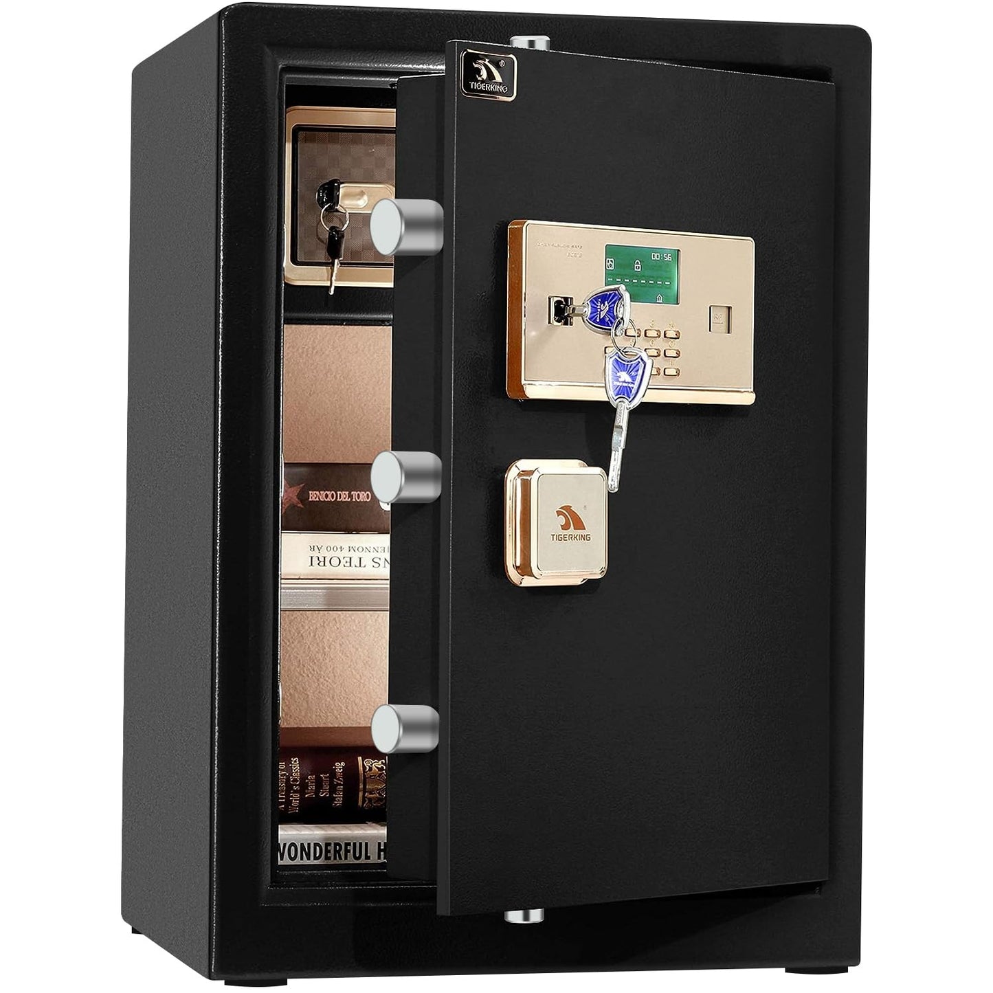 TIGERKING 3.7 Cu Ft Large Home Safe, 66 LB Heavy-Duty Steel Security Safe, Anti-Theft, Dual Alarm System, Double Safety Key Lock and Password, Ideal for Home or Office, Black