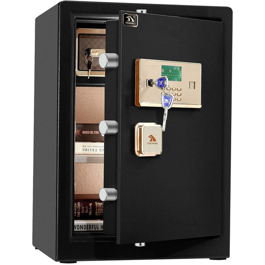TIGERKING 3.7 Cu Ft Large Home Safe, 66 LB Heavy-Duty Steel Security Safe, Anti-Theft, Dual Alarm System, Double Safety Key Lock and Password, Ideal for Home or Office, Black