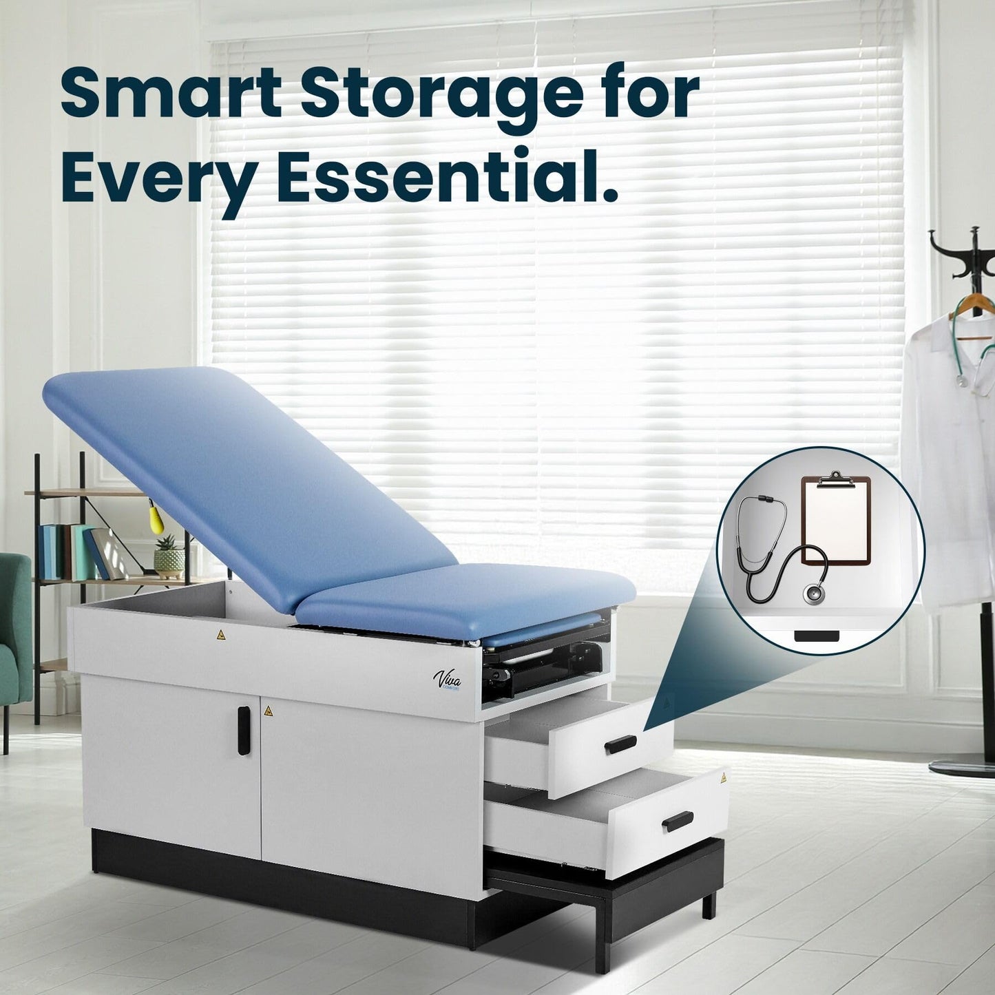 Vivacomfort Slim Line Medical Exam Table, Blue, 420 lbs Weight Capacity (Stirrups NOT Included)