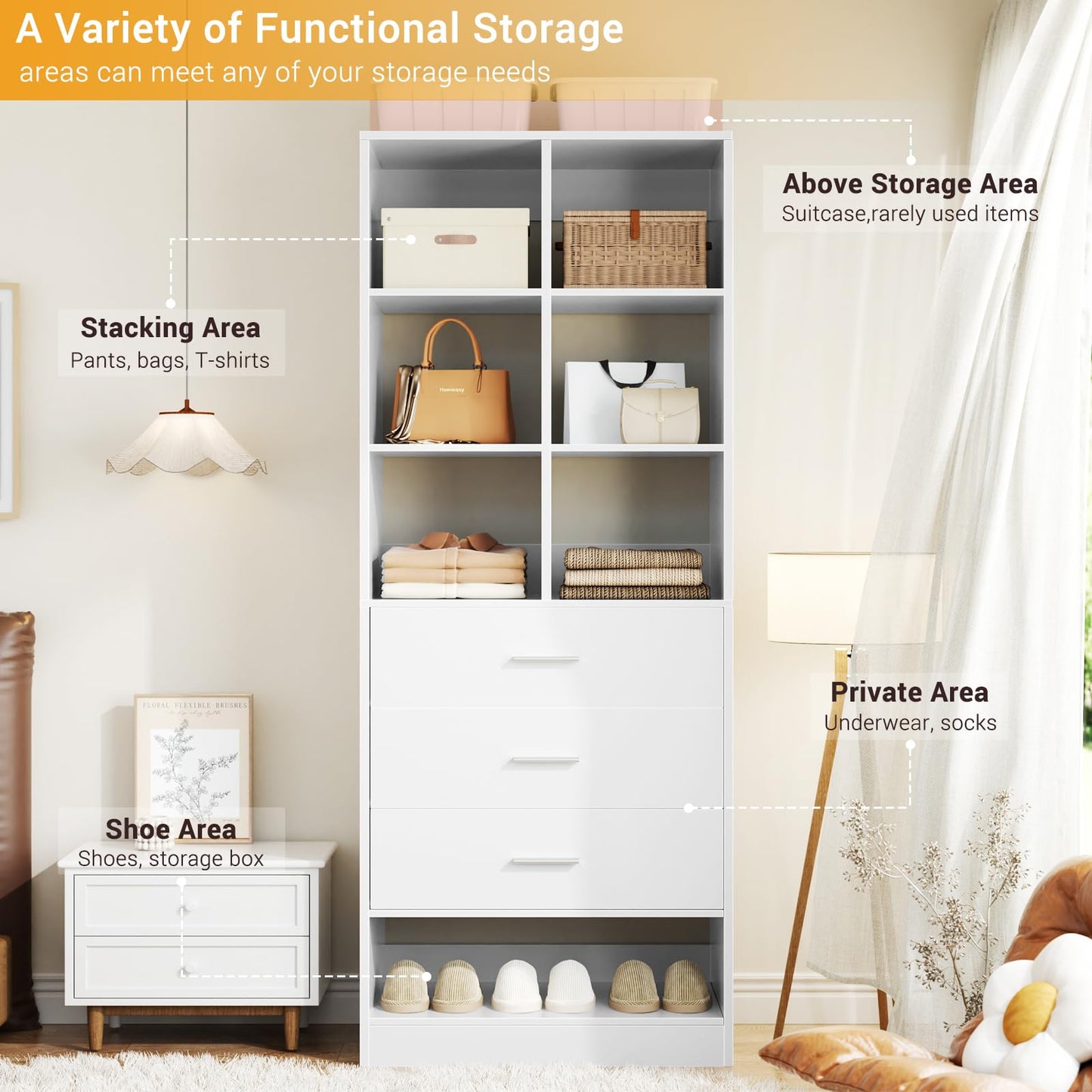 Homieasy Closet System Organizer with 3 Drawers and Partition Storage, Freestanding Wardrobe Organizer Modular with Shoe Shelf, Expandable for Walk-in or Reach-in Closets, White