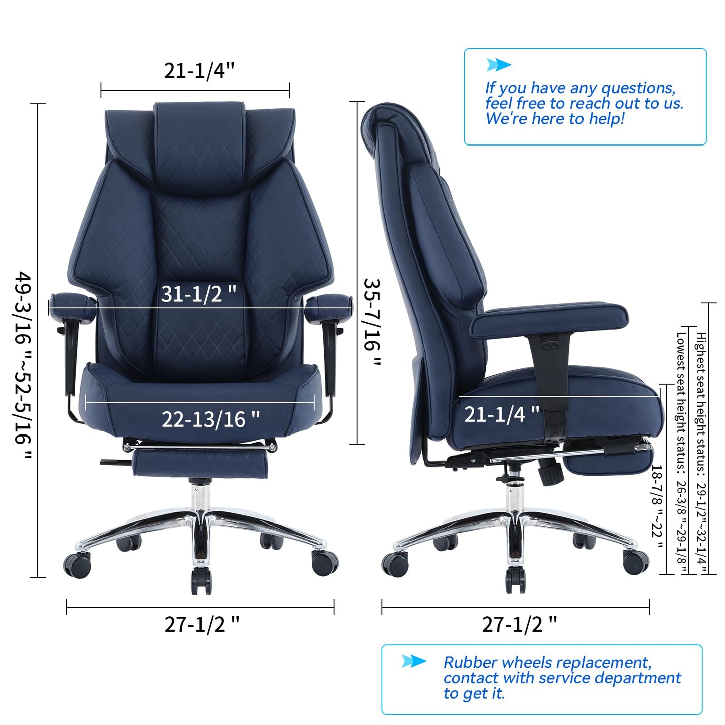 EXCEBET Big and Tall Office Chair with Footrest, PU Leather High Back Executive Office Chair 400lbs, Ergonomic Computer Chairs Lumbar Support for Heavy People (Blue)