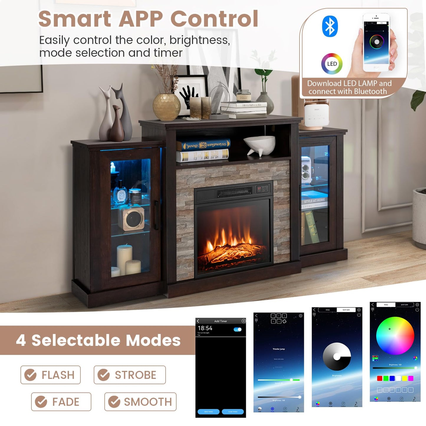 Tangkula Electric Fireplace TV Stand, Electric Fireplace Mantel with 16-Color Led Lights, Adjustable Glass Shelves, Remote & Smart APP Control, TV Console for Living Room (Black)