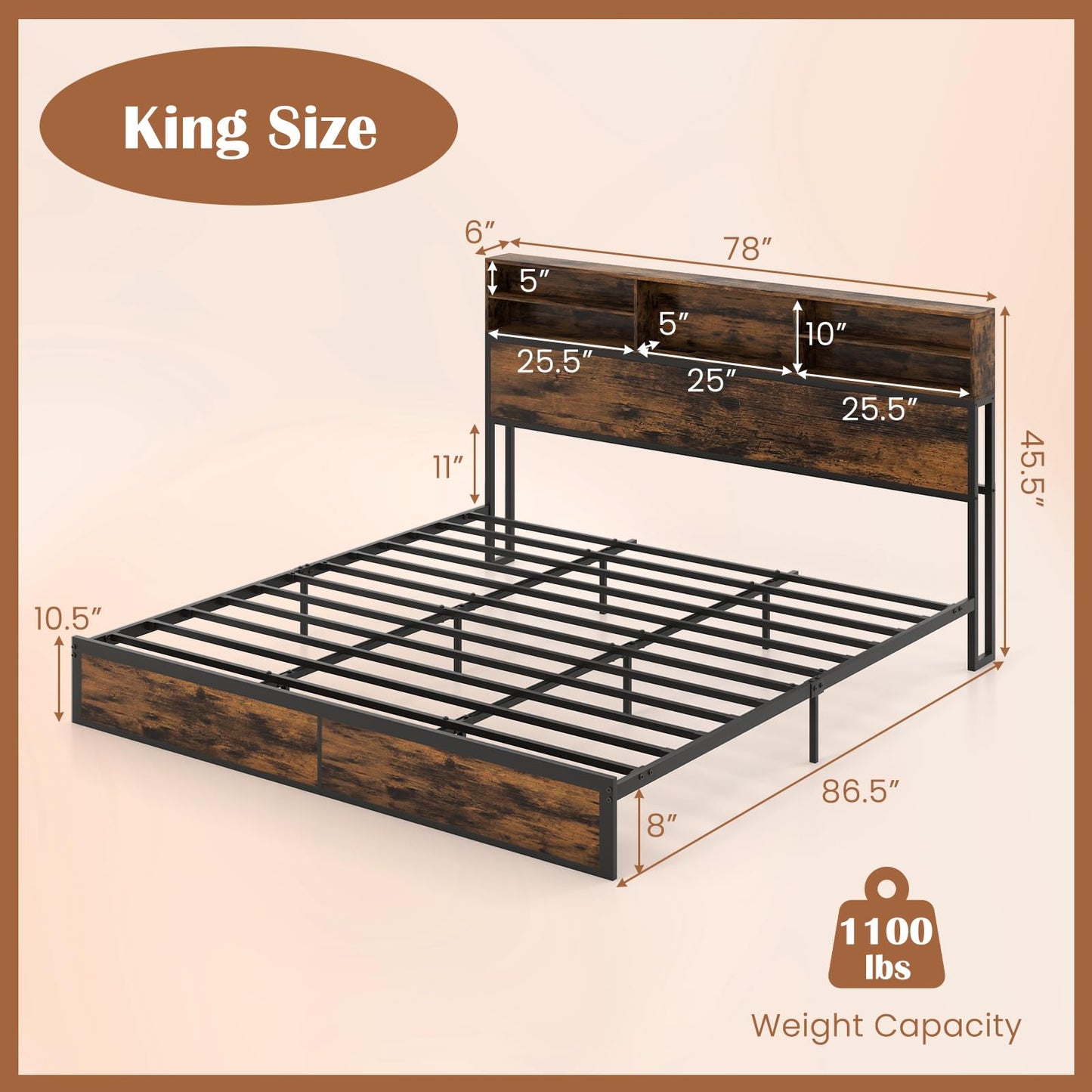 GOFLAME King Size Bed Frame with Storage Headboard, Metal Platform Bed Base with Charging Station & Under Bed Storage, Heavy-Duty Slatted Mattress Foundation, No Box Spring Needed, Rustic Brown