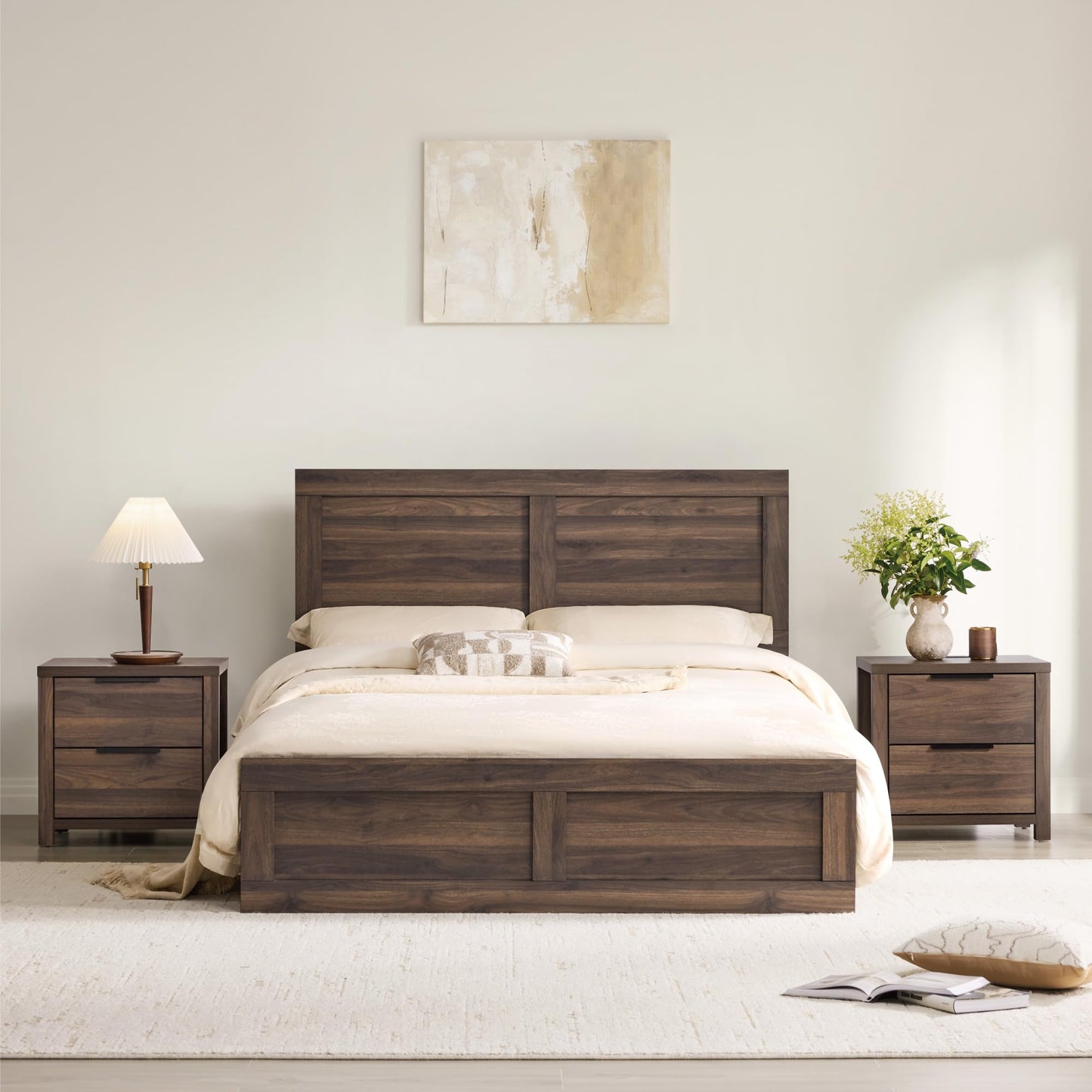 KISLOT 3 Pieces Bedroom Set, Wood Bed Frame with Upholstered Headboard & 2 Nightstands with Storage, Wooden Platform Mattress Foundation Farmhouse Bedroom Furniture Set