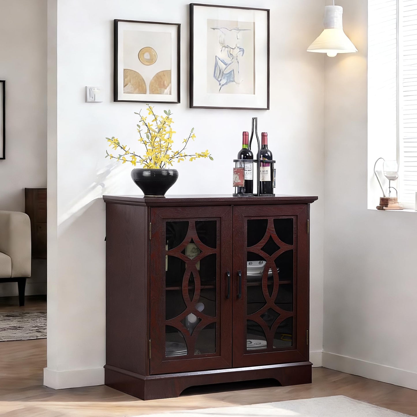 GDFStudio Modern Buffet Sideboard Cabinet, Storage Cabinet with 2 Tempered Glass Doors & Adjustable Shelf, Freestanding Credenza Buffet for Dining Room Kitchen, Accent Cabinet Coffee Bar, Ox Blood Red