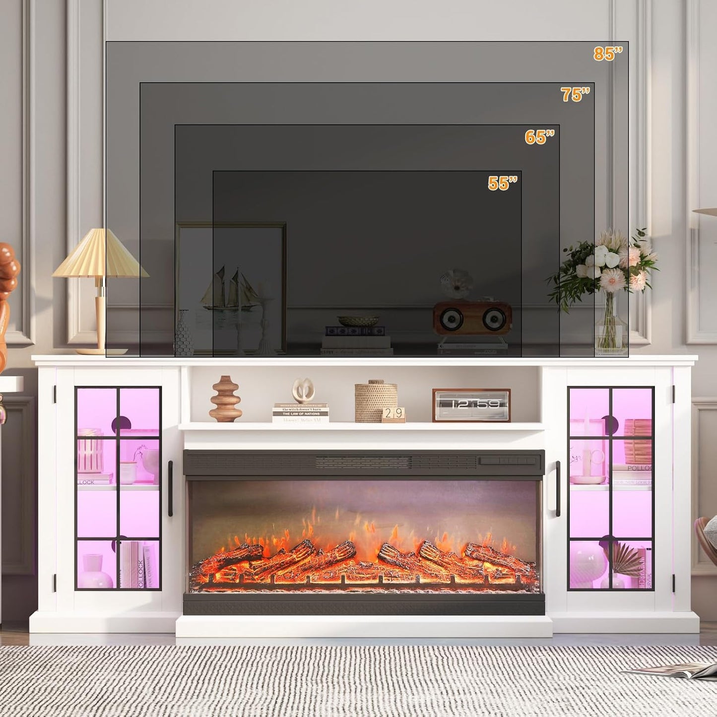 40" 3 Sided Glass Electric Fireplace & 75" TV Stand, 12 Colors LED Lights Flame, 750W/1500W, Tv Stand with Fireplace