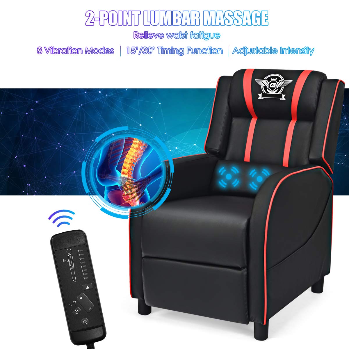 Giantex Gaming Recliner Chair, Adjustable Massage Gaming Chairs for Adults, Ergonomic Comfortable Lounge Leather Sofa w/Footrest, Remote Control & Side Pocket, Racing Style Single Sofa Recliners, Red