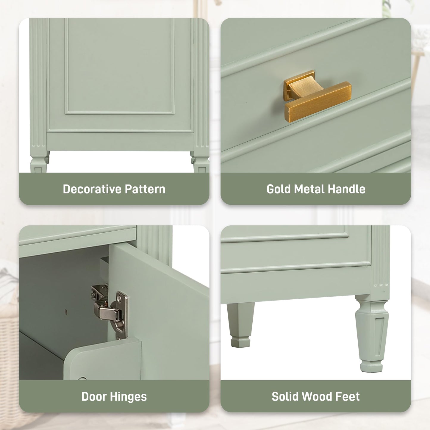 20" Bathroom Vanity with Ceramic Sink Top, Tip-Out Drawer, Door Rack, Adjustable Shelf, Solid Wood Legs, Soft-Closing Door, Green