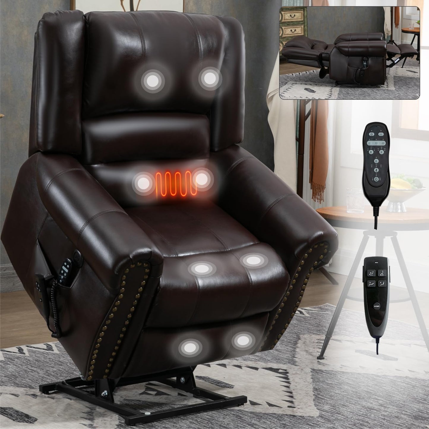 KEIKI Oversized Power Lift Recliner Rocking Chair for Adults, Faux Leather Mid Century Modern Accent Chair with Back Message & Heat USB Port, Adjustable Home Theater Seating for Living, Antique Brown
