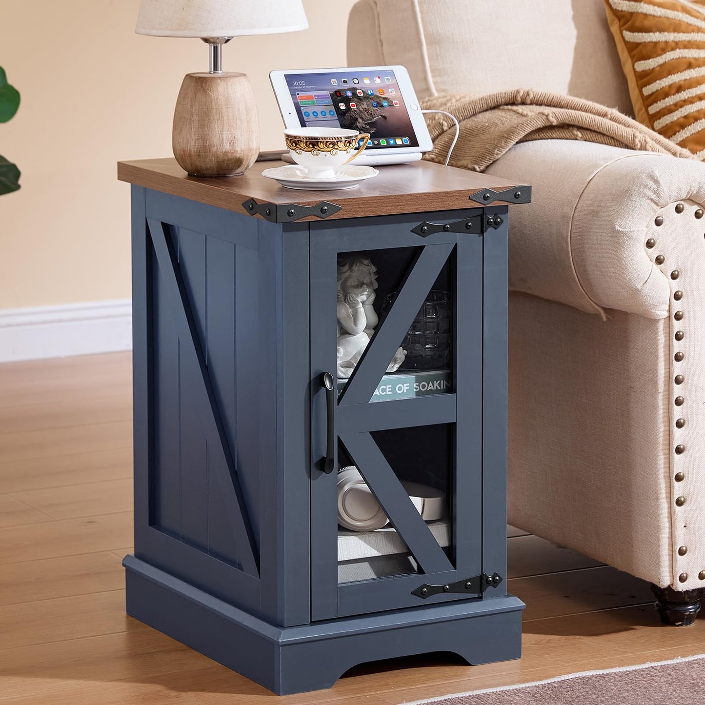 Joaxswe End Tables Living Room Set 3 with Charger Station, Farmhouse 18'' Narrow Night Stand and 24" Square Side Table with Glass Barn Door Storage, Wood Nightstand Bedside Tables for Bedroom Office ﻿