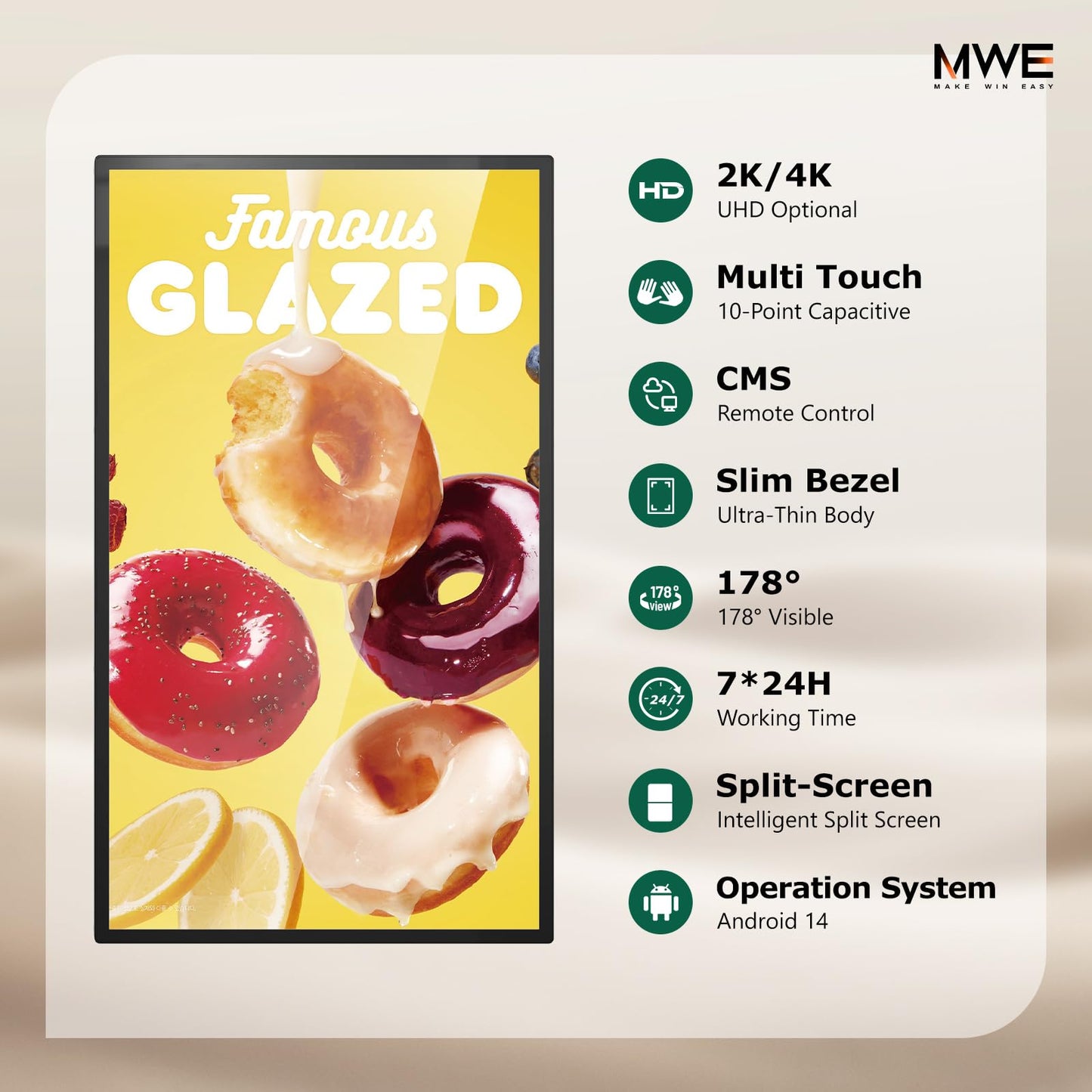 MWE 32 inch Wall Mount Digital Signage, FHD Touchscreen Monitor Android 14, Multi-Touch Screen Smart Split, Commercial Advertising Display, Time Switch, CMS Management, HD-MI/ USB/ WiFi/ for Windows