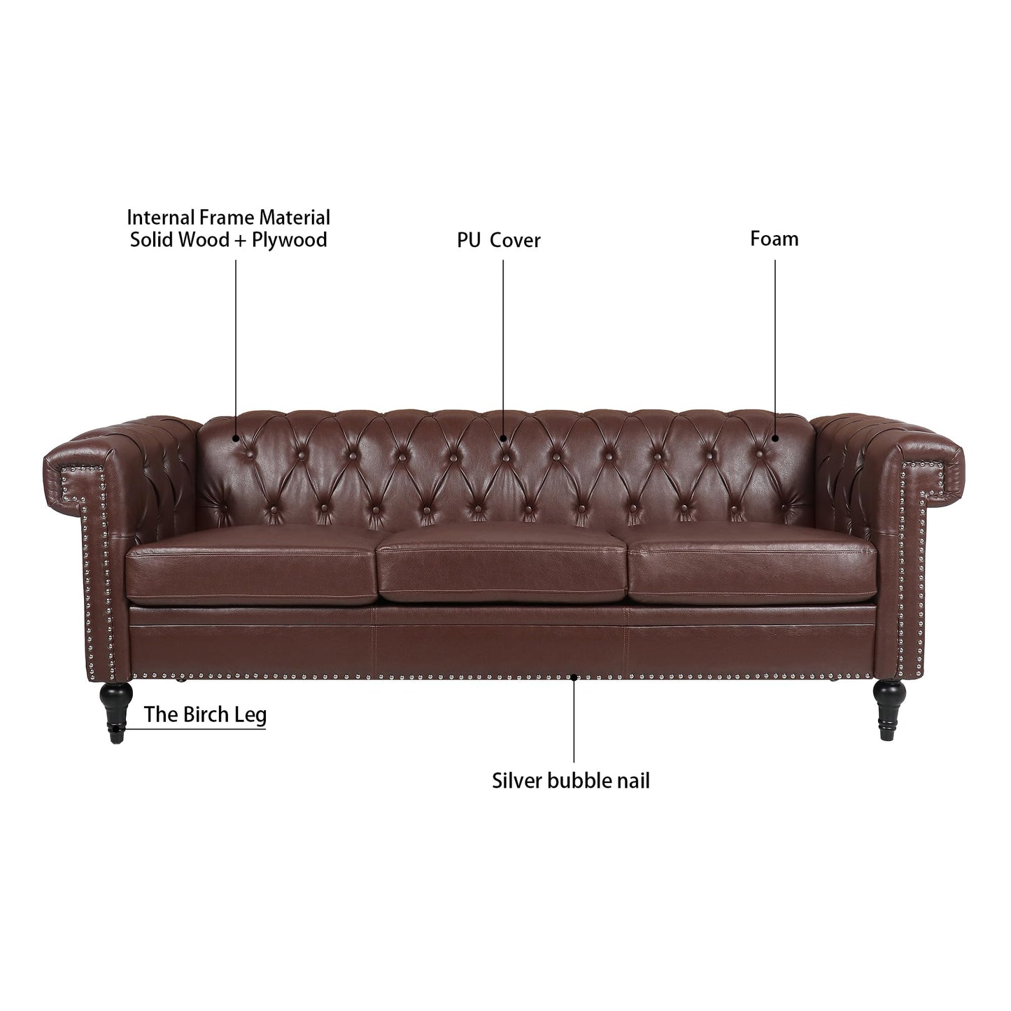 GDFStudio 84" Chesterfield Tufted Sofa Couch with Deep Seat Cushions, Rolled Arms & Gold Accent Strip, Midcentury Modern 3 Seater Upholstered PU Leather Sofa for Living Room, Dark Brown