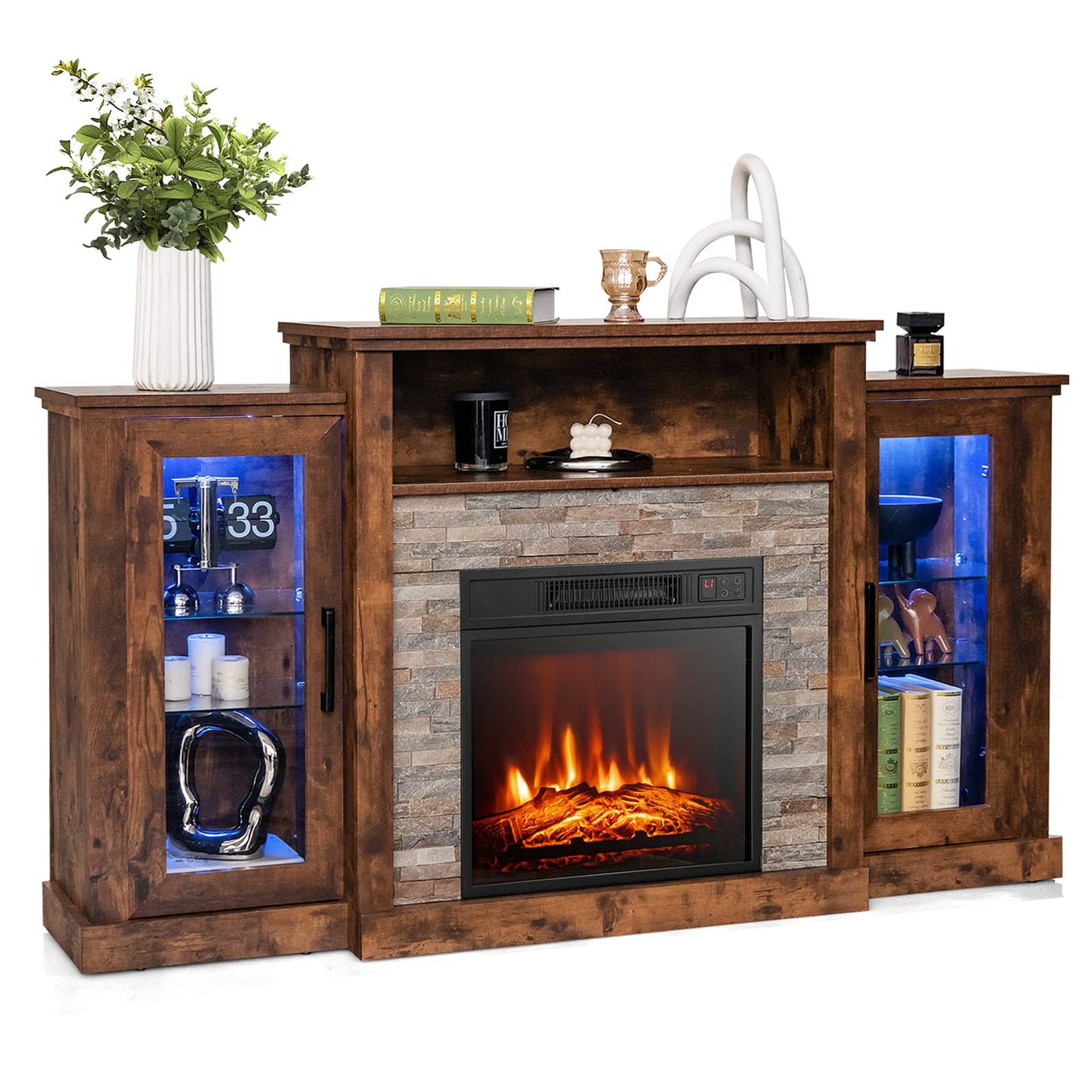 Tangkula Electric Fireplace TV Stand, Electric Fireplace Mantel with 16-Color Led Lights, Adjustable Glass Shelves, Remote & Smart APP Control, TV Console for Living Room