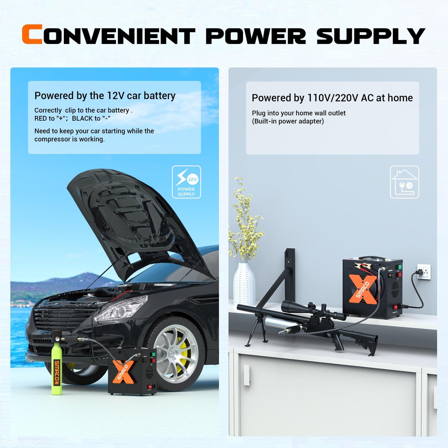 SMACO PCP Air Compressor 4500Psi/30Mpa High Pressure Air Compressor Paintball Scuba Tank Compressor HPA Pump Fill Station Auto-Stop,Oil-Free Powered by 12V DC or 110V AC with Water/Oil Separator