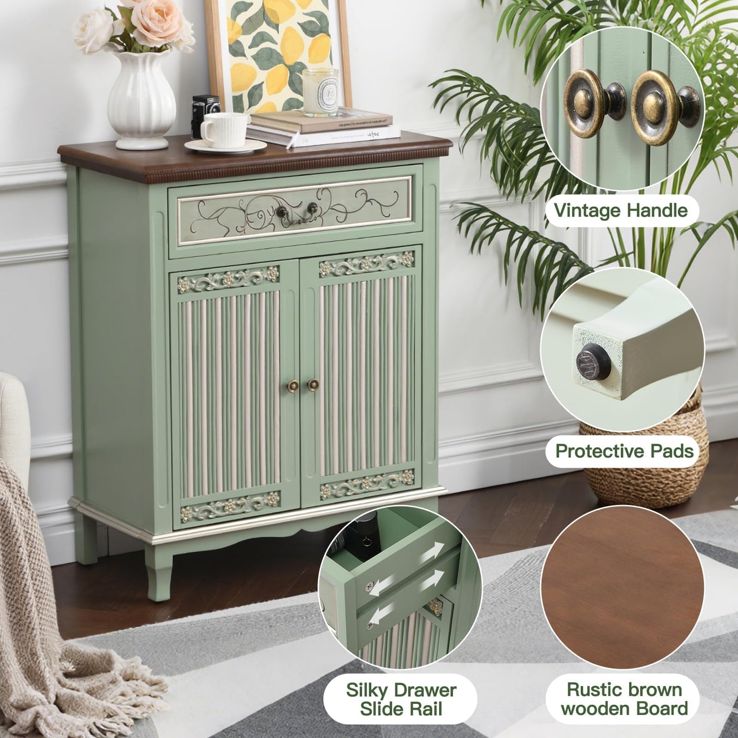Ahokua Sage Green Accent Cabinet with Drawer and Textured Doors, Farmhouse Storage Cabinet with Adjustable Shelf, French Country Entryway Cabinet for Living Room, Hallway and Dining Room