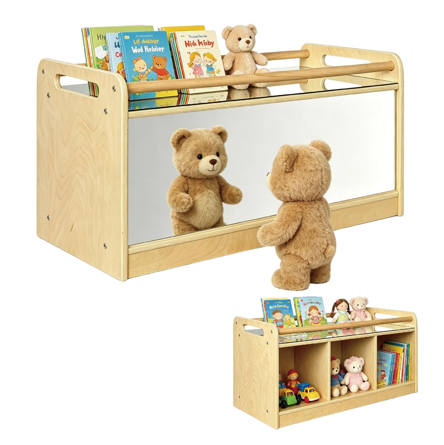 kidi house Montessori Shelf with Activity Top and Mirror, Birch Plywood Toy Storage Cabinet, Wooden Toddler Tummy Time Furniture for Home, Daycare Cubbies, Preschool, Playroom, Nursery, Kindergarten