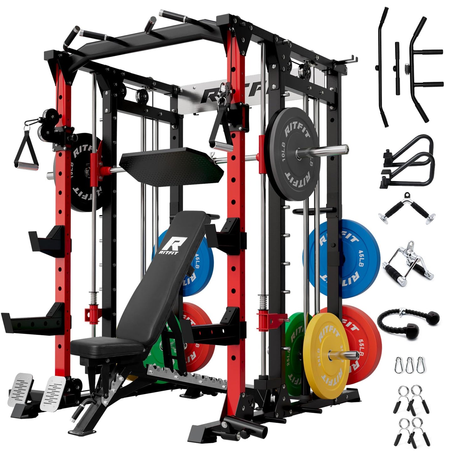 RitFit Buffalo Smith Machine, Power cage with LAT-Pull Down System & Cable Crossover System, All-in-One Squat Rack for Home Gym, Power Rack