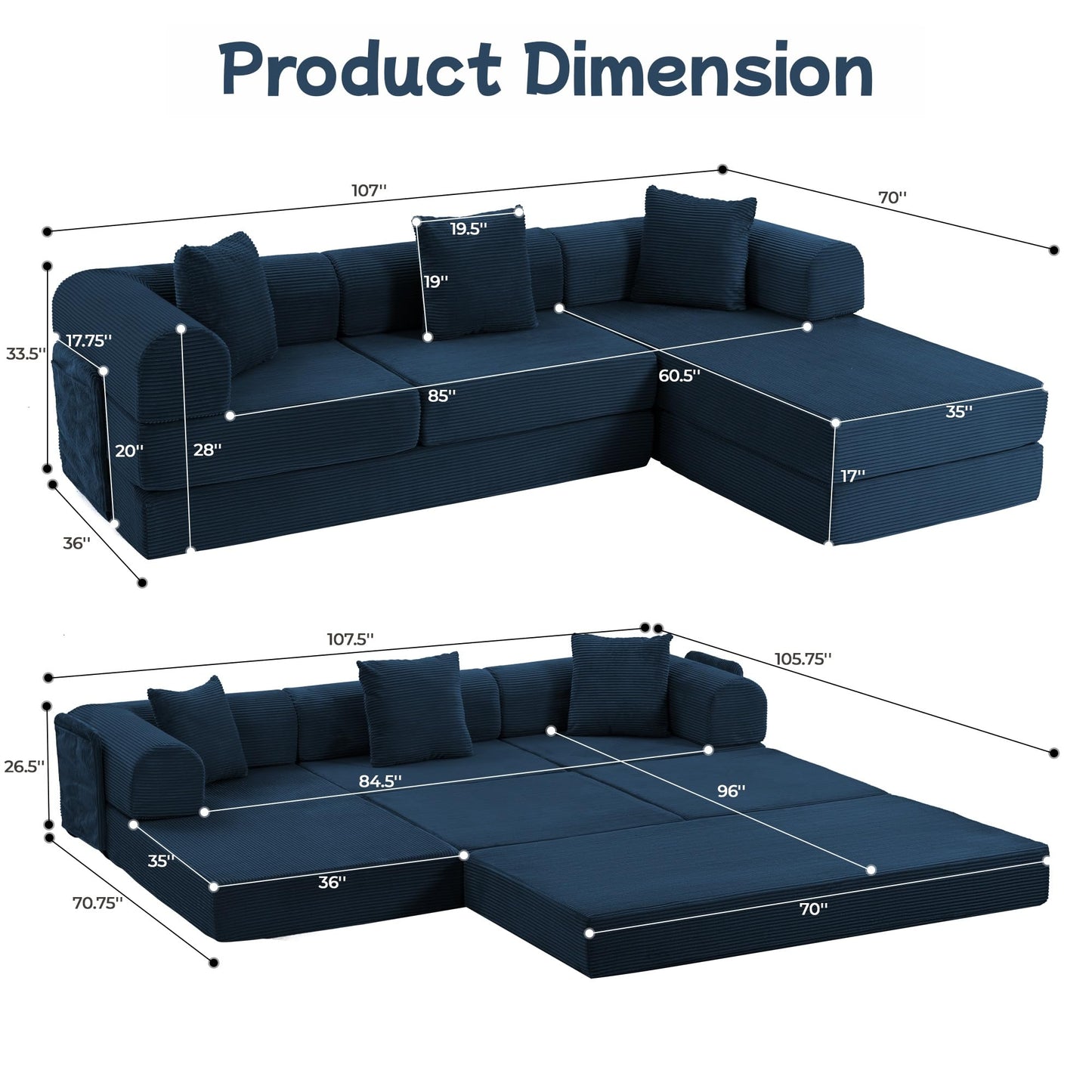 Topcomfy 106.3" Modular Sectional Sleeper Sofa with Metal Frame Support, Convertible 4-Seater L-Shaped Cloud Couch for Living Room, Corduroy Memory Foam Pit Sofa, Blue