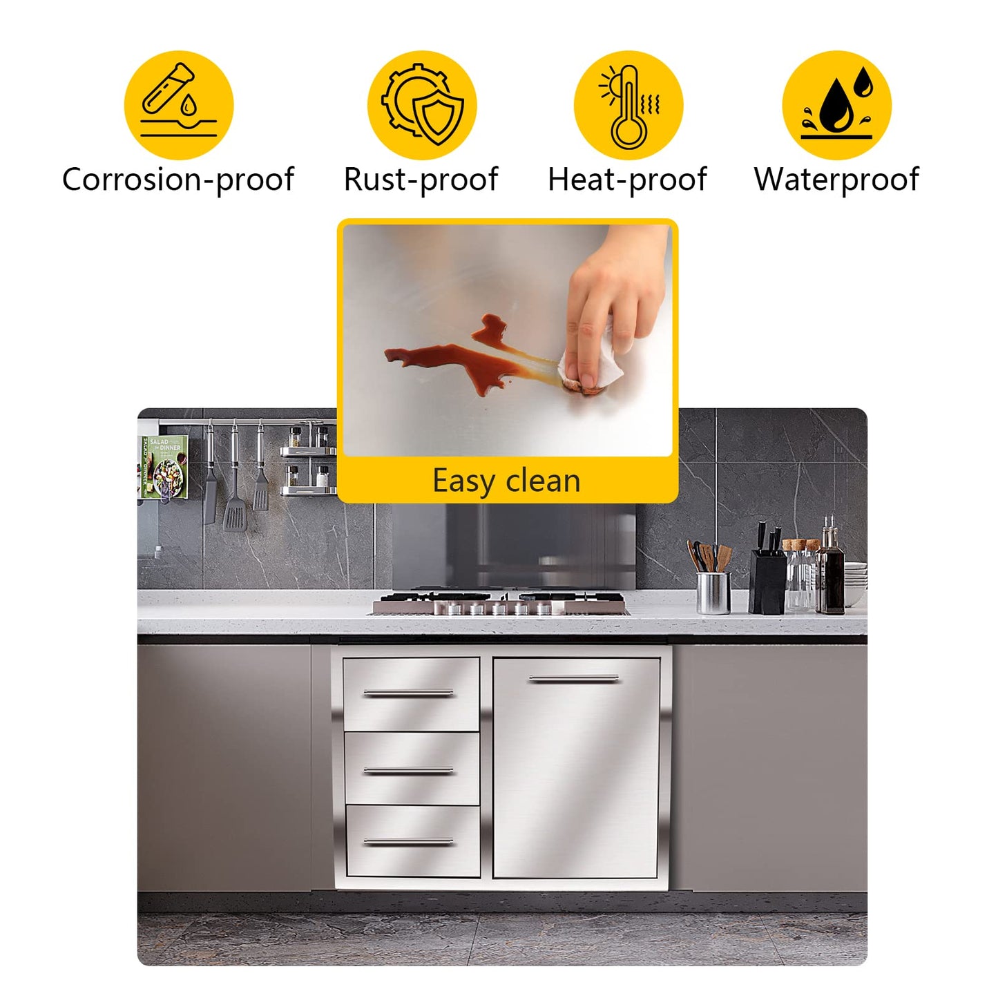Outdoor Kitchen Drawer Combo, BBQ Access Trash Drawer Combo with Triple Stainless Steel Drawers(Left), Outdoor Kitchen for BBQ Island, Grilling Station, Outside Cabinet (28" W x 19.6“D x 20.1" H)