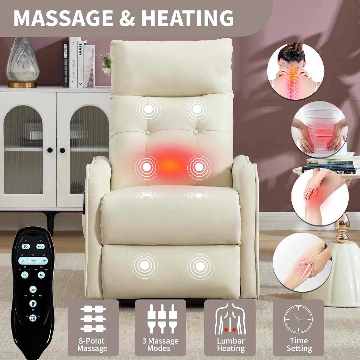 KEIKI Single Motor Power Lift Recliner Chair with Massage and Heat for Living Room, Synthetic Leather Upholstery with USB Charging Port and Side Pockets for Seniors
