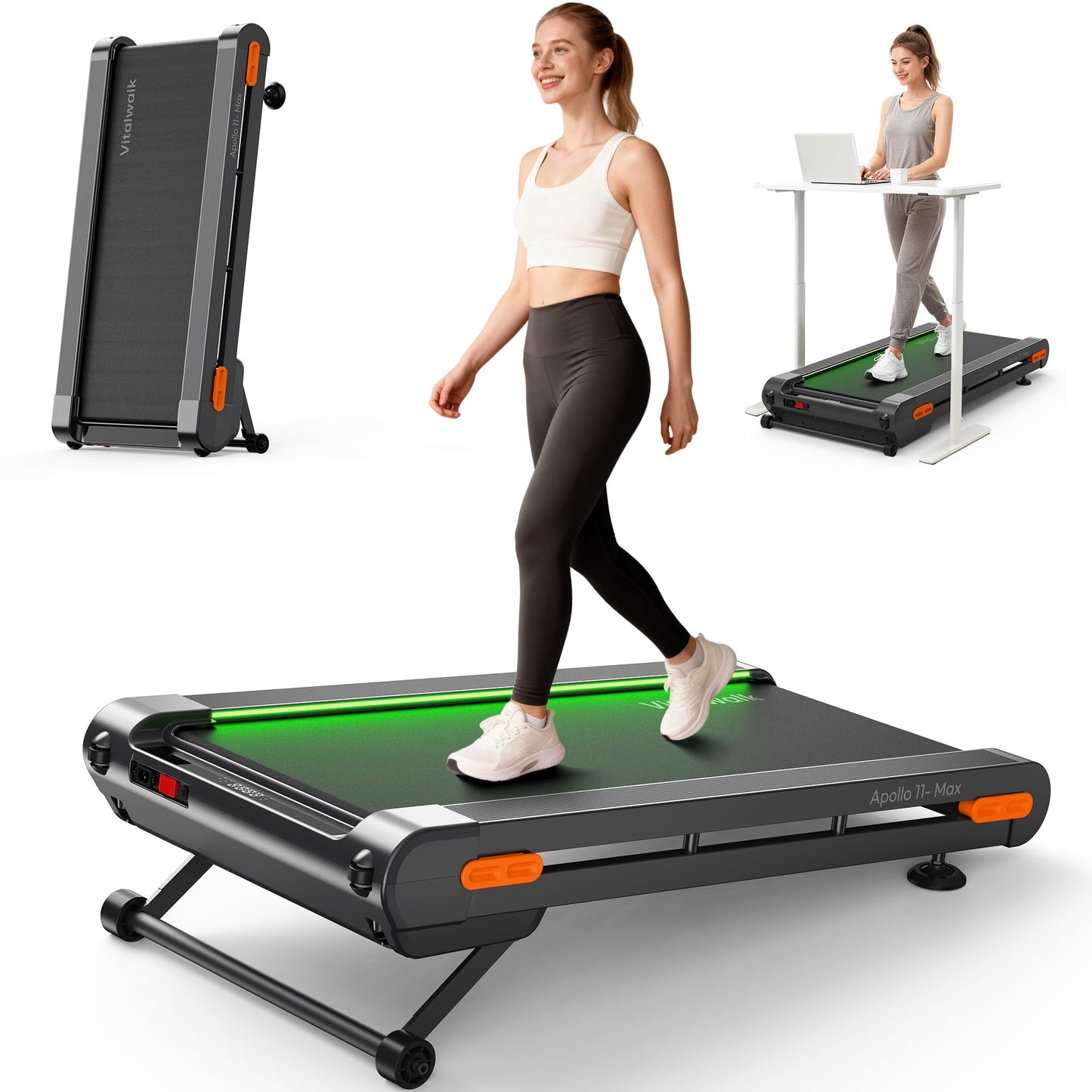 Vitalwalk Walking Pad Treadmill with Incline, 43"x18" Wide Full Deck, Auto Incline, Portable Under Desk Treadmills for Home Office, 4-Way Mobility & Vertical Store, Heavy Duty, APP, Grey, Extra Large