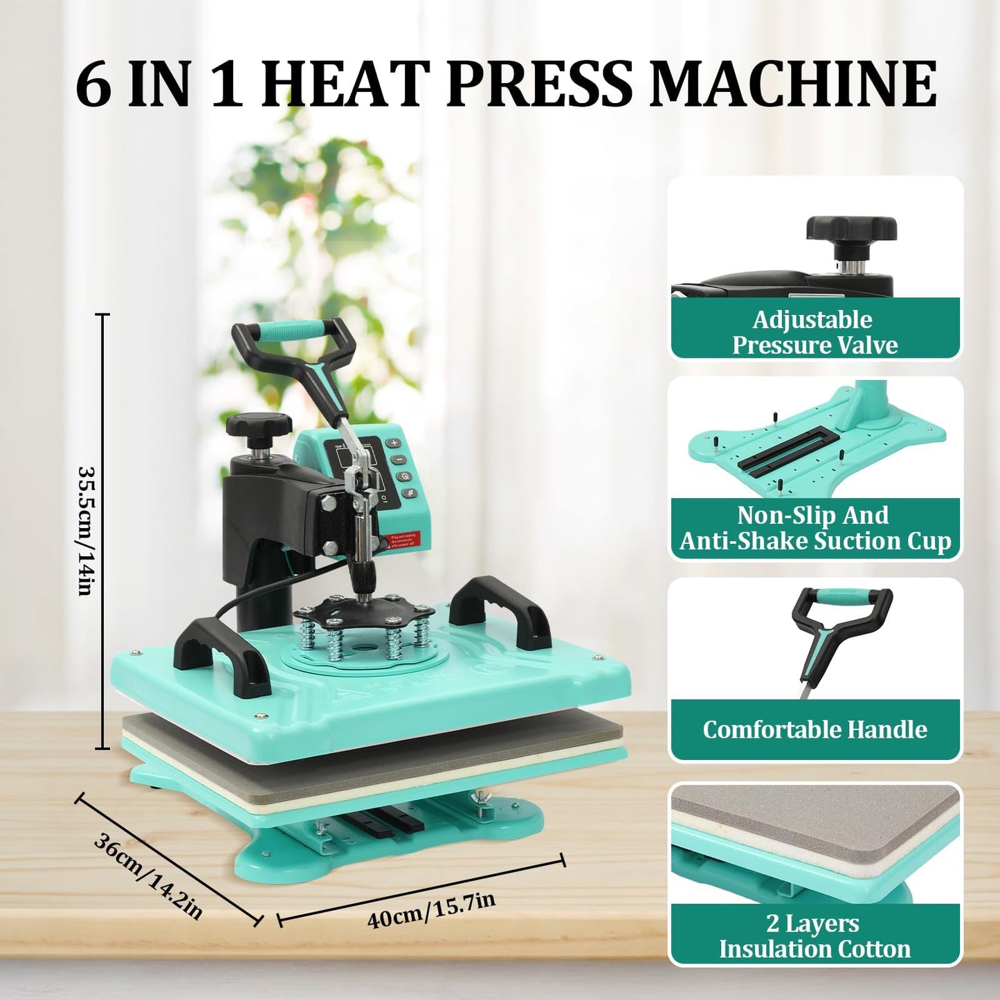 6-in-1 Heat Press Machine for T Shirts, 12x15in Sublimation Combo with Mug Press, Plate & Hat Attachments, 360° Swing Away Shirt Press, Digital Heat Transfer for DIY Projects