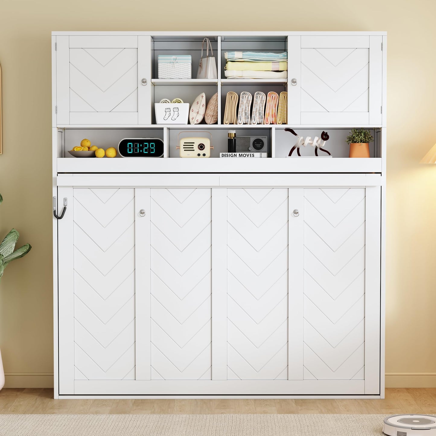 Merax Queen Size Murphy Bed Wall Bed with Top Storage Cabinets and Shelves, Fold into The Wall, Space-Saving Design, White Foldable Platform Bed Frame with Chevron Stripes, for Bedroom, Guest Room