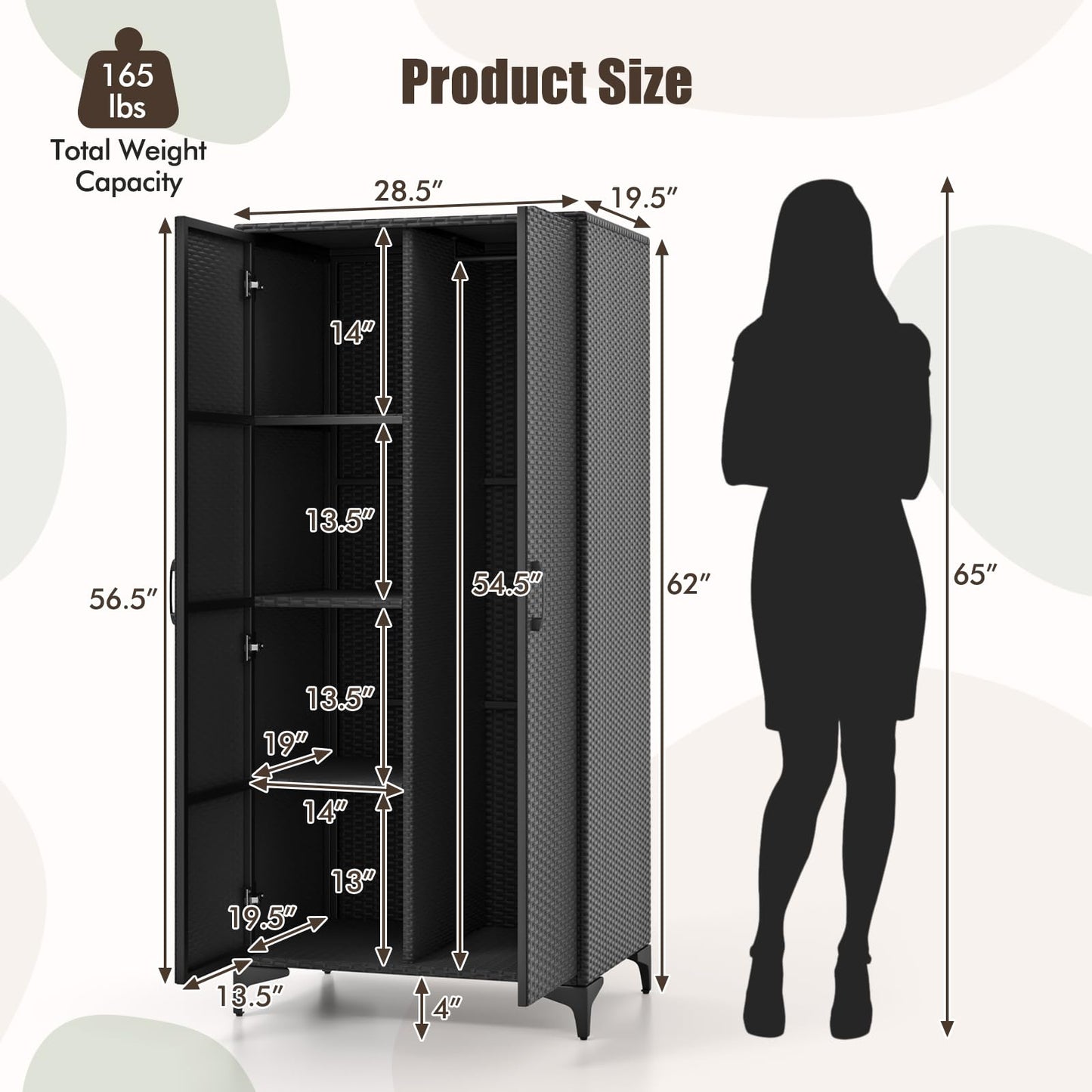 Giantex Wicker Storage Cabinet, 62” Tall Pantry Cabinet with 2 Doors, Hanging Rod, 4 Storage Cubes, Metal Legs, Anti-Tipping Device, PE Rattan Storage Cabinet for Home Office, Garage Cabinets (Black)