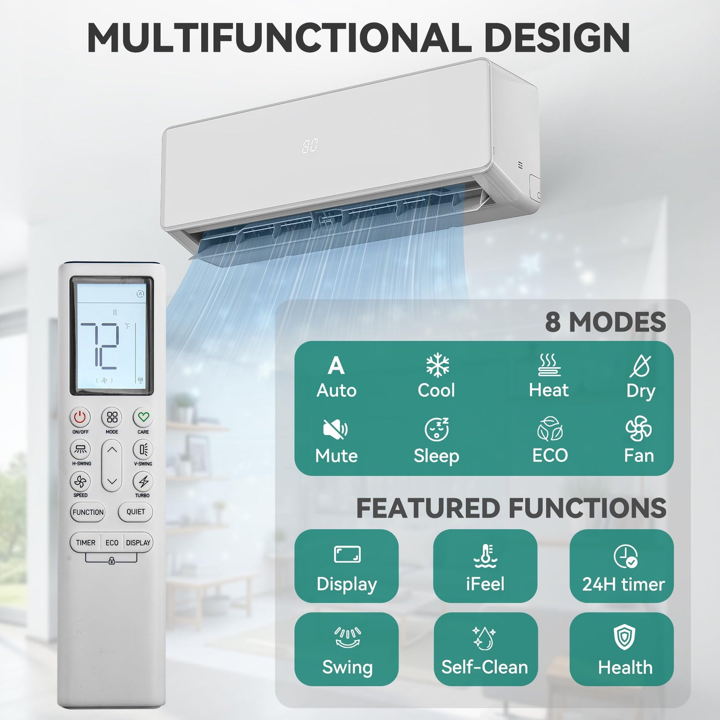 YITAHOME 20 SEER2 12000BTU Mini Split AC/Heating System 115V, Pre-charged Inverter AC Cool & Heat Up to 750 Sq. Ft, Pure Design, Compatible with 3 Level Eco Mode, Complete Installation Kit, White