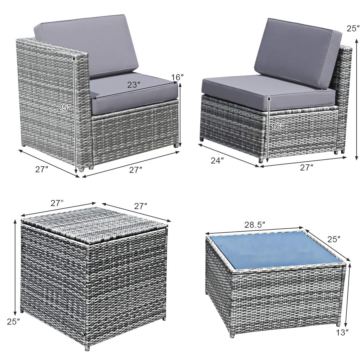 Tangkula 8 PCS Outdoor Patio Furniture Set, Rattan Wicker Sofa Set, Sectional Sofa Couch Conversation Set w/Storage Table and 12 Zippered Cushions for Garden Backyard Poolside (Grey)