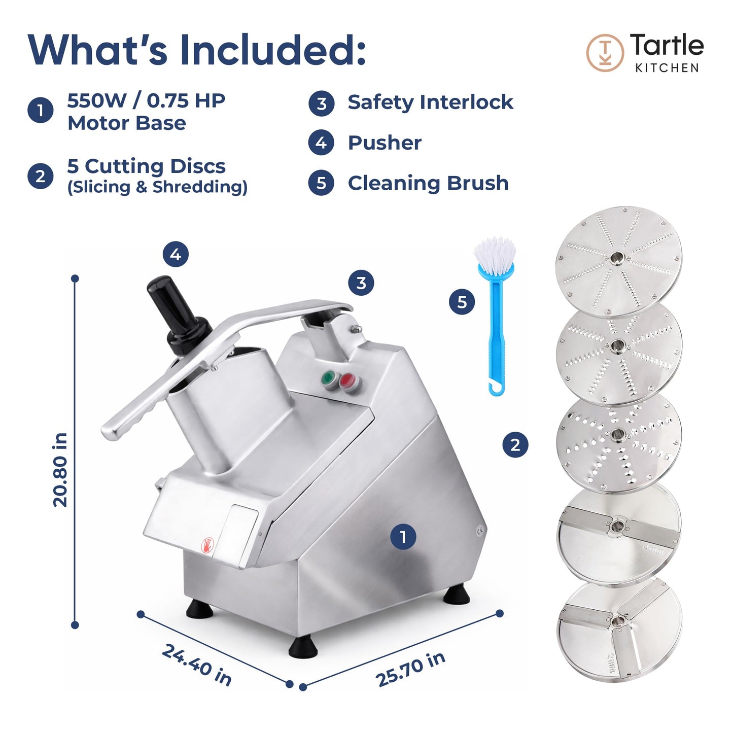 Tartle Kitchen 550W Electric Vegetable Chopper - Commercial Food Processor with Continuous Feed, Dual Feed Openings, 5 Discs for Slicing, Shredding, & Grating - Restaurant-Grade, NSF & ETL Certified