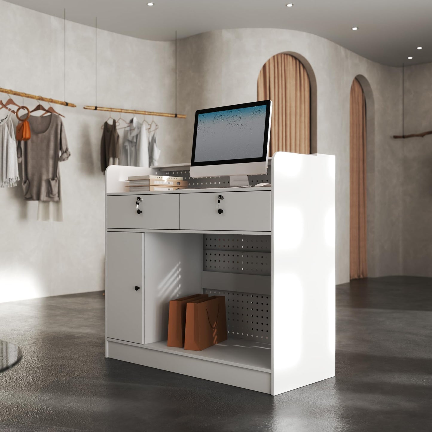 ROMSHINE Reception Desk with Counter, Lockable Drawers and Pegboard, 47.2 inch Wide Front Desk Modern Reception Room Table, Checkout Counter Salon Reception Table, White