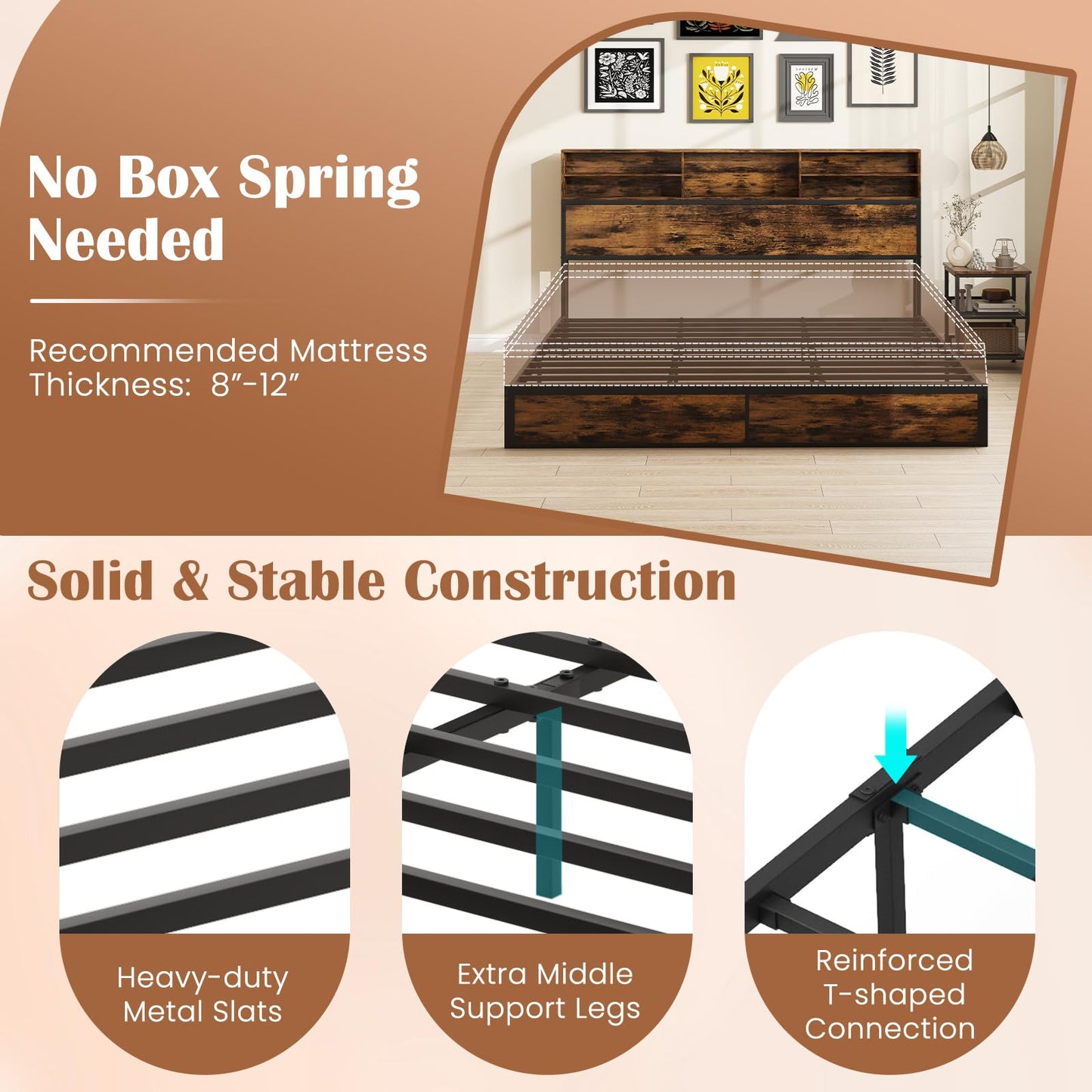 GOFLAME King Size Bed Frame with Storage Headboard, Metal Platform Bed Base with Charging Station & Under Bed Storage, Heavy-Duty Slatted Mattress Foundation, No Box Spring Needed, Rustic Brown