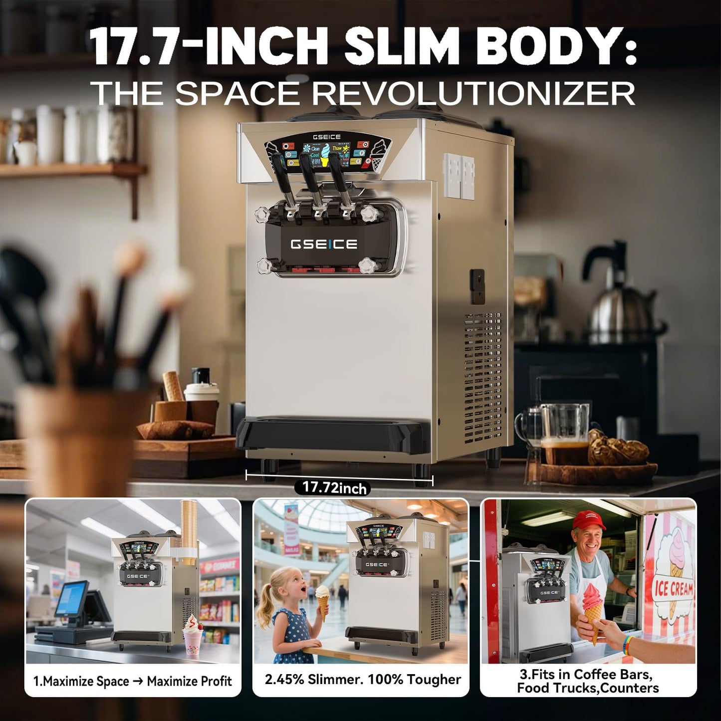 Commercial Ice Cream Maker, 6.8-8.4 Gal/H, 2 * 8L Hopper 110V Countertop Soft Serve Ice Cream Machine, 3 Flavors Puffing Alarm Pre-Cooling For Shops Cafes Dessert Stores, Auto Clean & Touch Screen