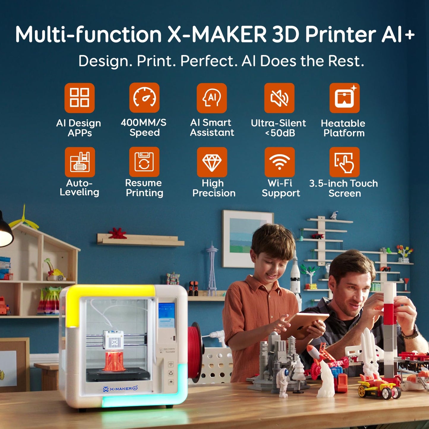 AOSEED 3D Printer for Kids & Beginners, AI-Powered Toy Maker with Leveling-Free Design, 400mm/s Speed, 17+ Design Modules, 8 PLA Filaments, Enclosed Mini 3D Printer for Home & School, X-Maker AI+