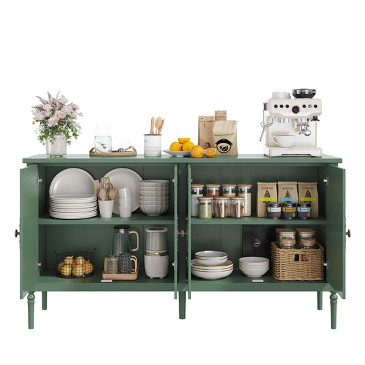 Large Sideboard Buffet Cabinet with Storage, 58'' Wood Console Table Vintage Coffee Bar Cabinet with Storage and Adjustable Shelves, with Artistic Carved Handle for Dining Room Living Room, Green