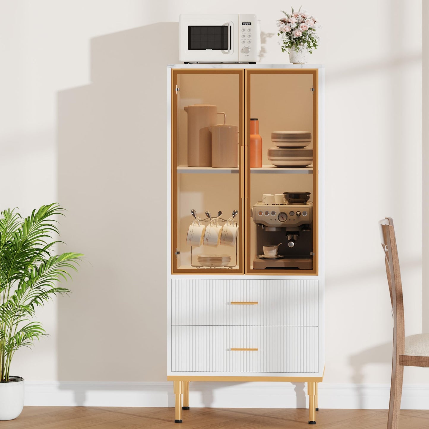Fluted Glass Door Storage Cabinet - Modern White Display Cabinet with Adjustable Shelves & 2 Drawers for Kitchen Pantry or Living Room Organization(White)