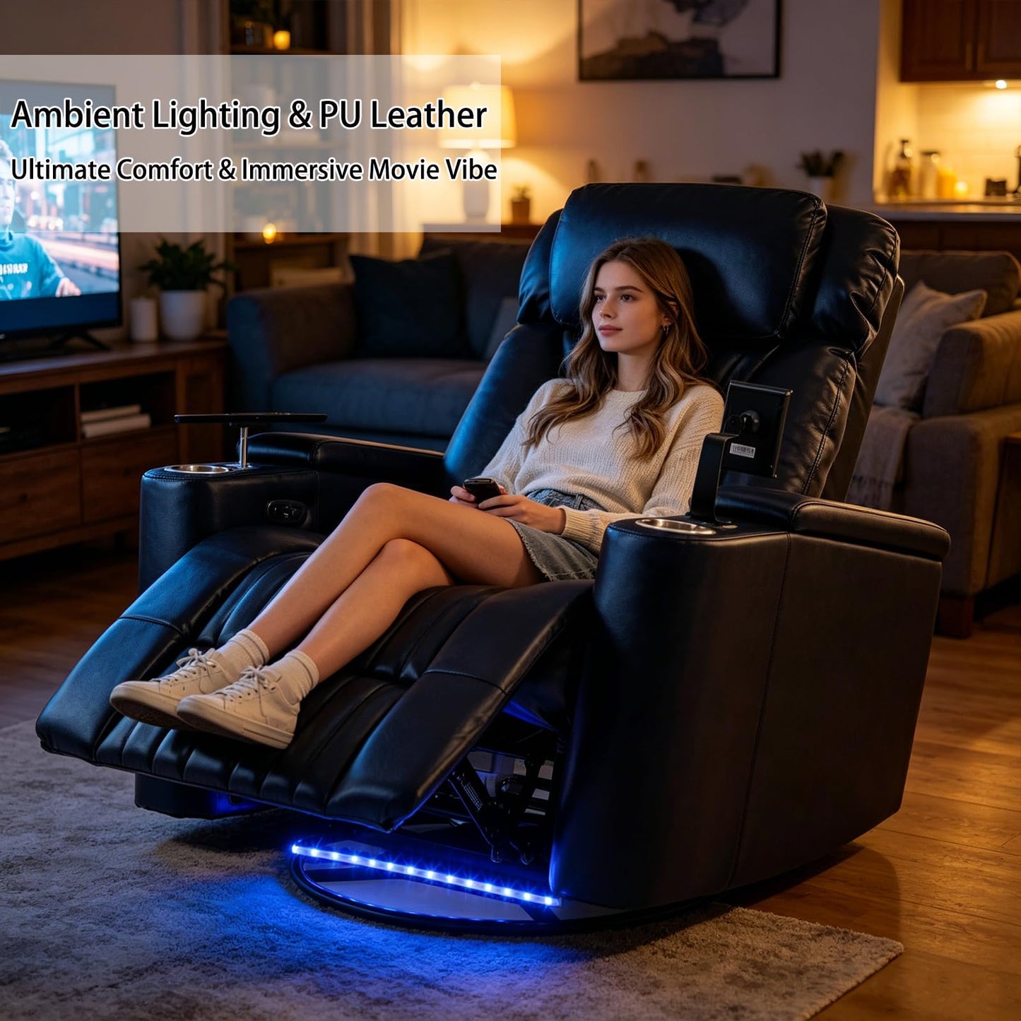 COSYTREE Home Theater Seating Power Recliner Chair, 270°Swivel PU Leather Theater Recliner with LED Ambient Lights, 360°Rotating Tray Table,USB Charging,Cup Holders & Hidden Arm Storage, Blue