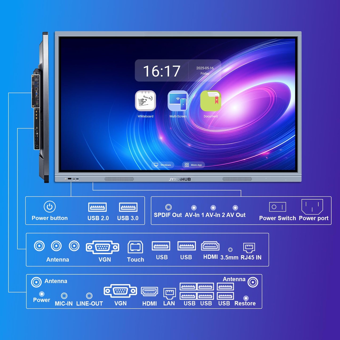 JYXOIHUB 55 Inch Smart Board, 4K Ultra HD Smart Whiteboard, Interactive Electronic Whiteboard with 20-Point Touch, Digital Smartboard for Classroom, Office, and Home, Android & Windows Dual System