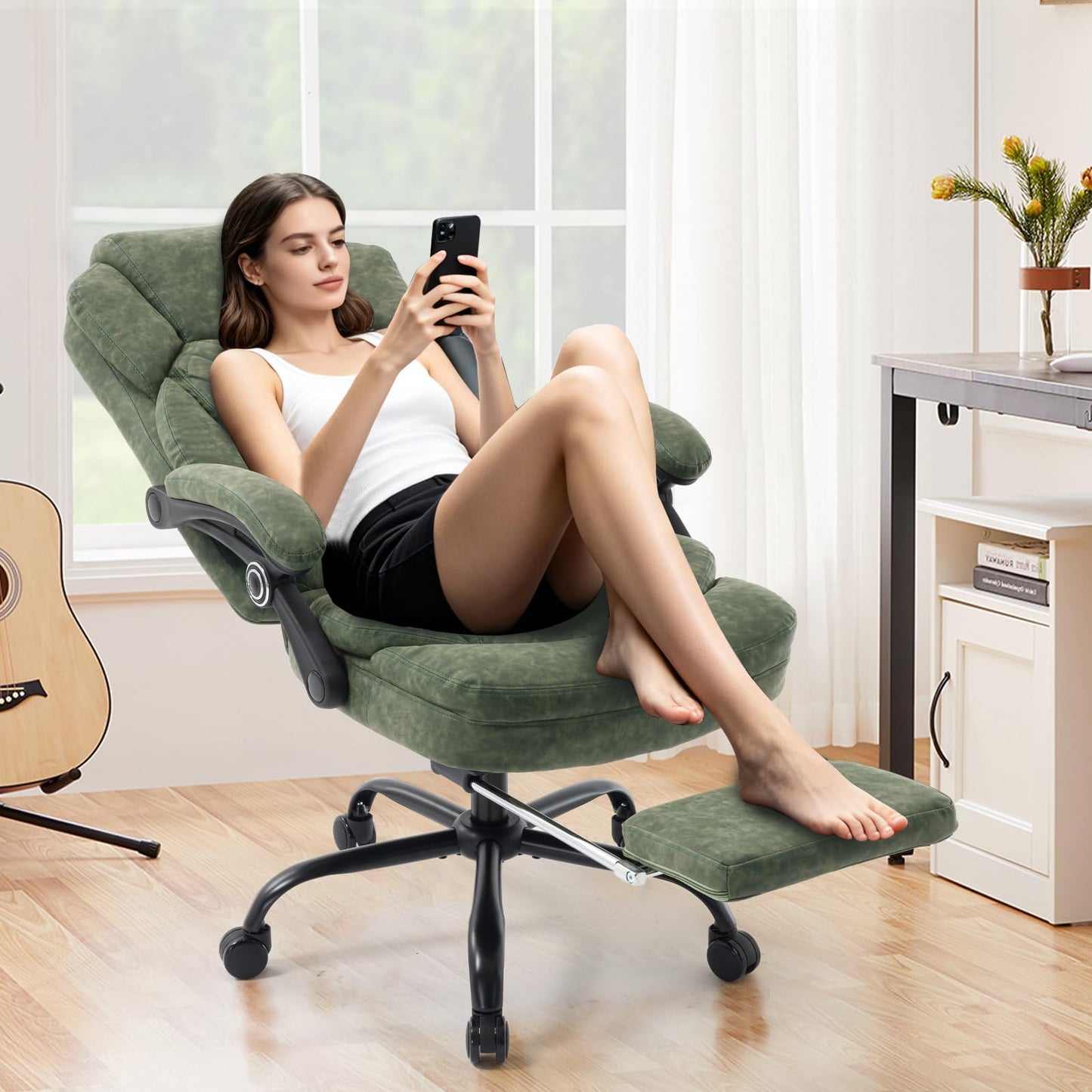 linting 400lbs Ergonomic Reclining Office Chair with Footrest, Plus Size Big Tall Leather Recliner Office Desk Chairs with Foot Leg Rest, Green