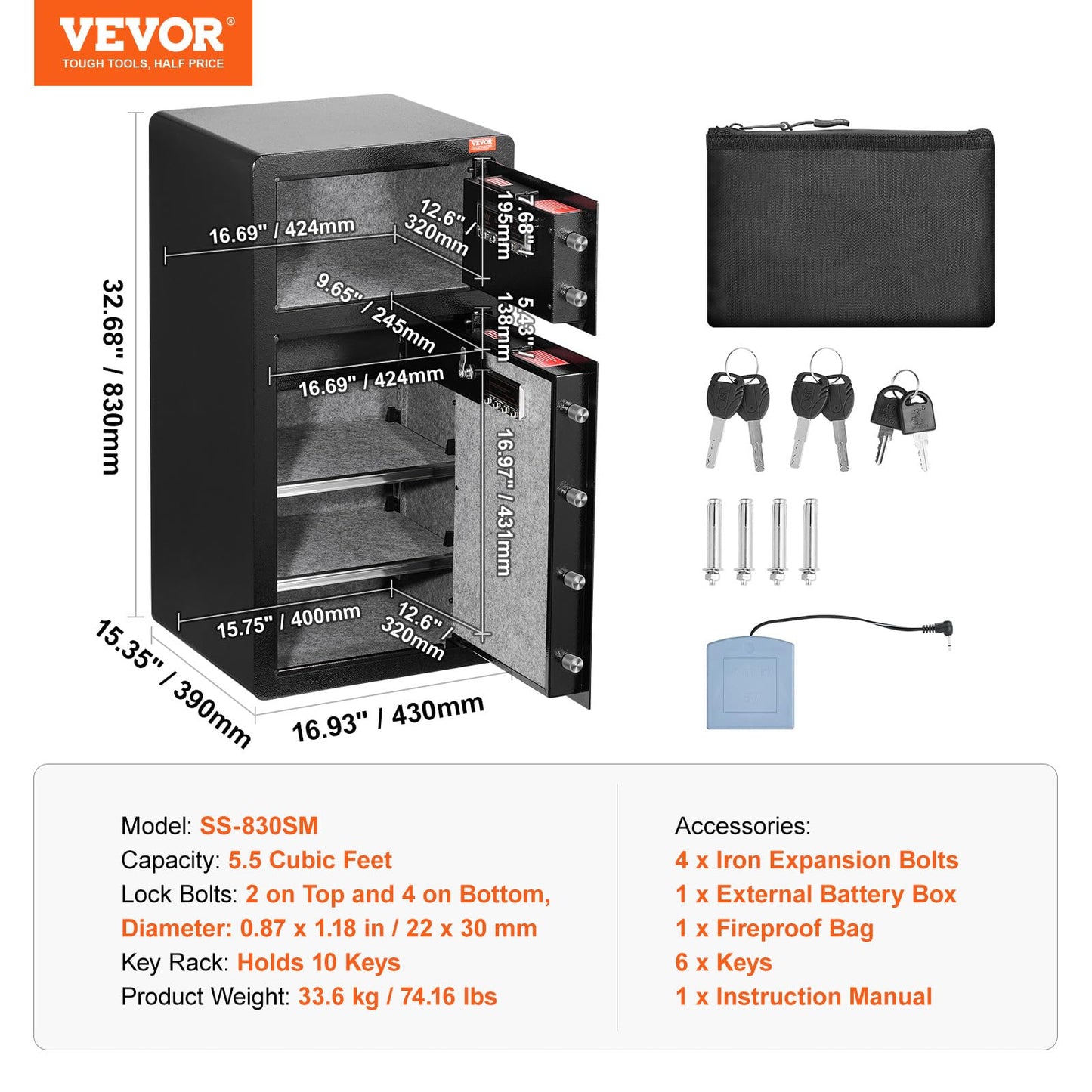 VEVOR Double Doors 5.5 cu.ft Safe Box with Key Lock & Password, Safe Lock Box with Fireproof Bag, Key Rack, LED Light, 2 Height Adjustable and Removable Divider and 1 Cabinet for Money,Documents,Black