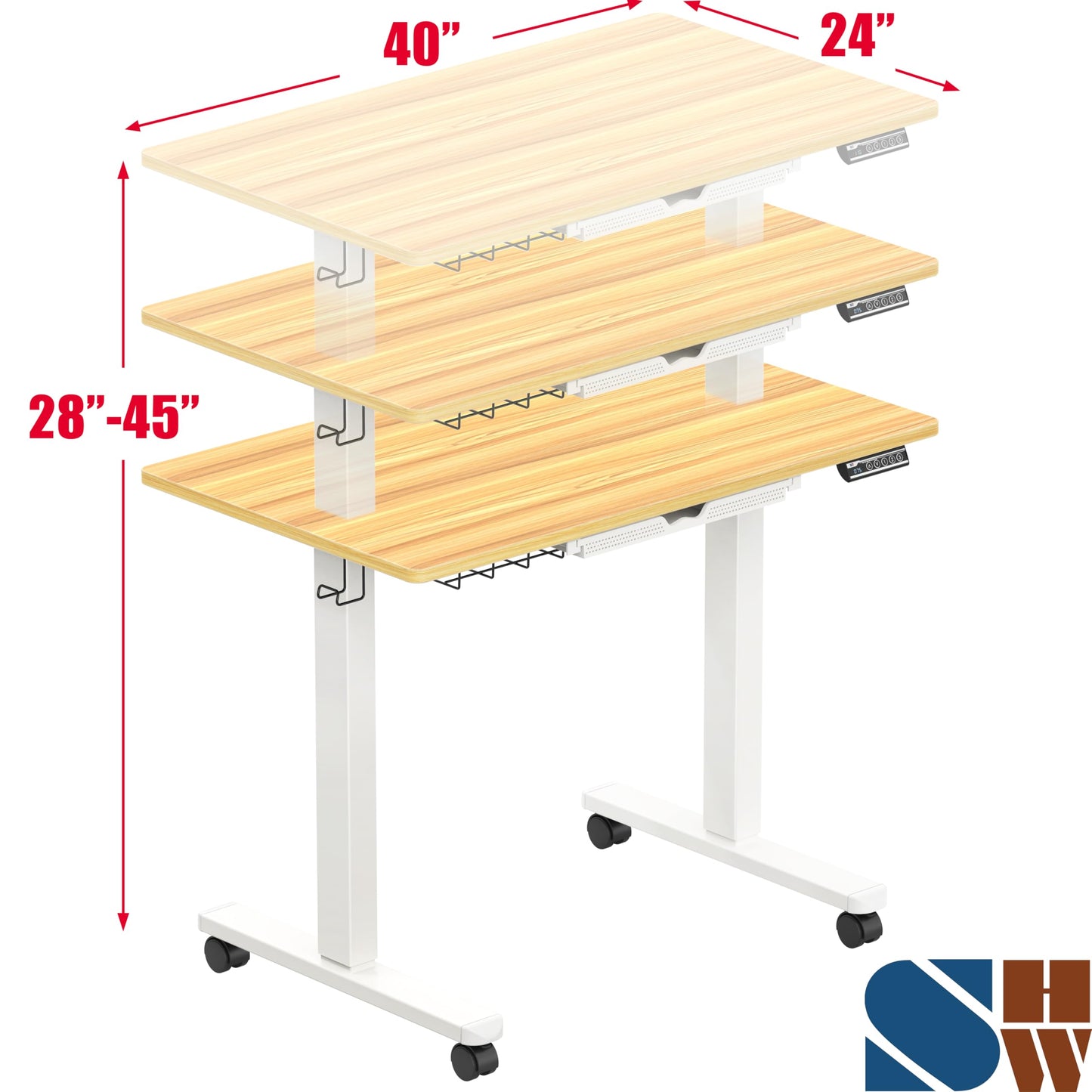 SHW 40-Inch Mobile Electric Height Adjustable Sit to Stand Desk with Drawer, Hanging Hooks and Cable Management, Oak