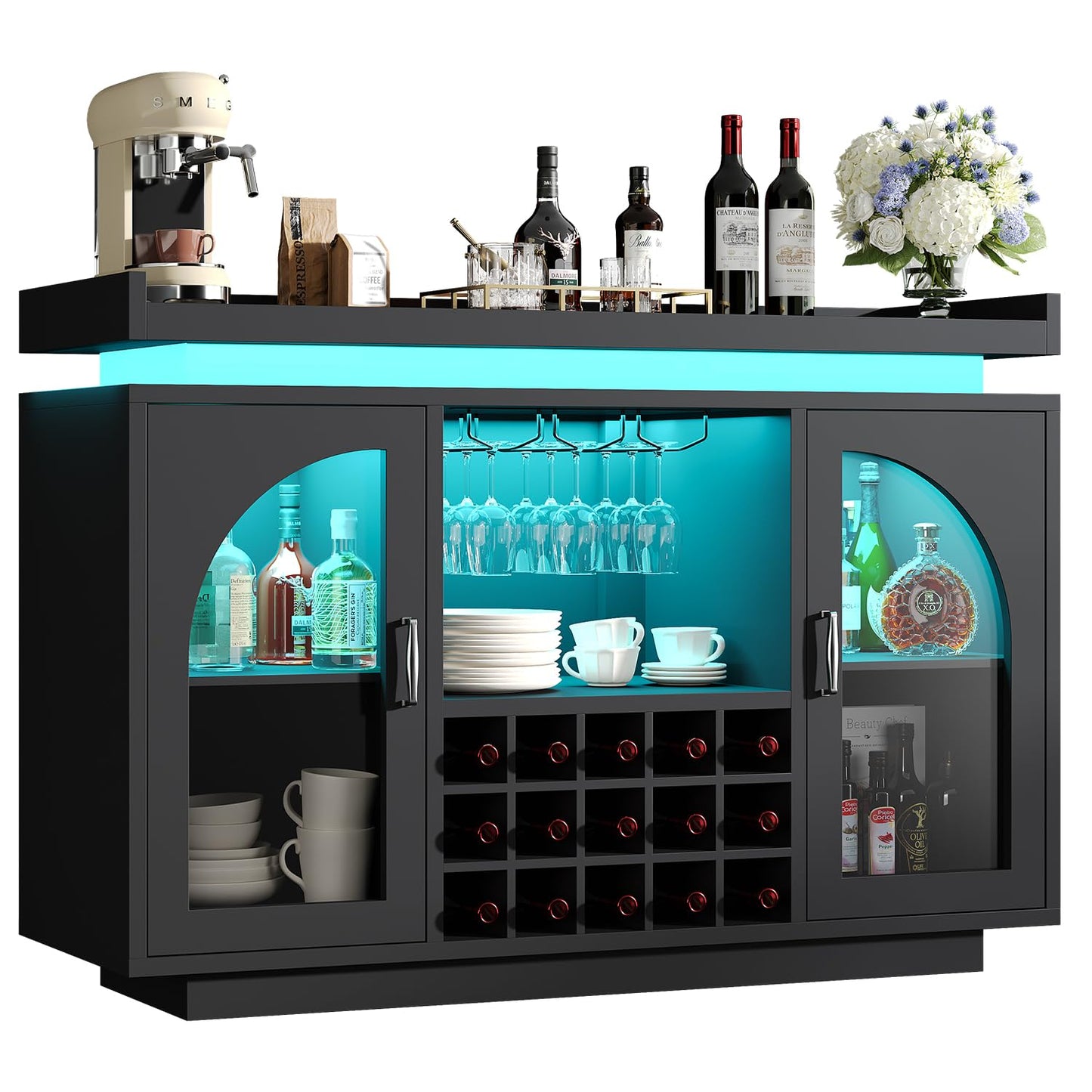 Wine Bar Cabinet with Power Outlet & LED Light, 54'' Liquor Cabinet with 15 Wine Rack & Glass Holder, Coffee Bar Cabinet for Home with Storage, 2 Arched Door, Buffet Sideboard for Living Room, Kitchen