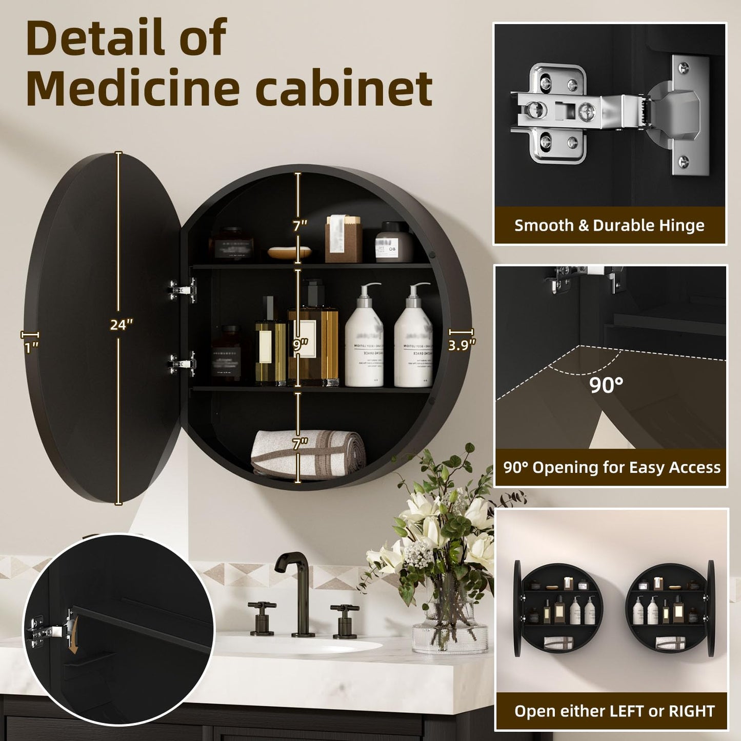 YTSMIR 24 x 24 Inch Round Medicine Cabinet Mirror Black,Circular Bathroom Mirror with Storage Wall Mounted,Metal Framed Medicine Cabinets with Tempered Glass Adjustable Shelves for Bathroom Vanity