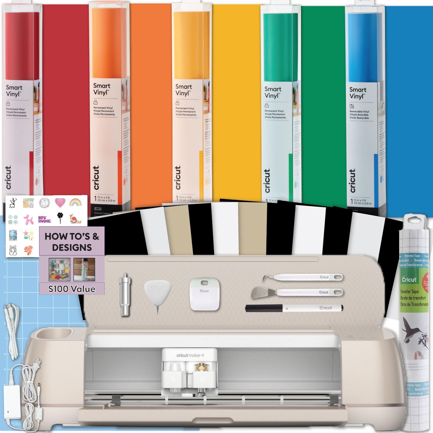 Cricut Maker 4 Vinyl Cutting Bundle - Smart Cutting Machine with Rainbow Smart Adhesive Vinyl Rolls & Tools for Decals, Labels & DIY Projects