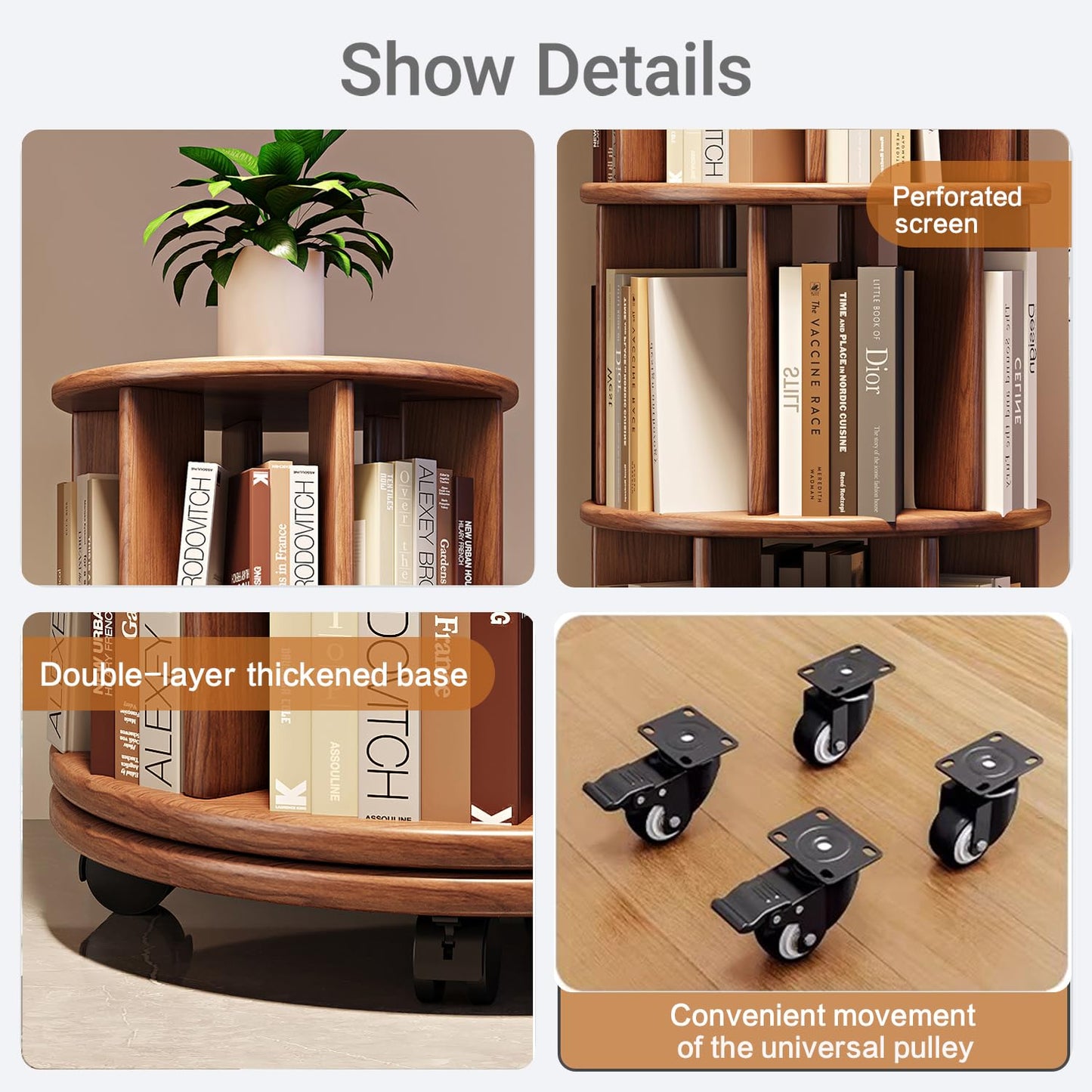 6-Tier Rubberwood Rotating Bookshelf, 360° Spinning Bookcase with Lockable Wheels, Space-Saving Freestanding Corner Storage Rack, Walnut Finish, 17.3"D×17.3"W×78.5"H for Living Room Office Bedroom