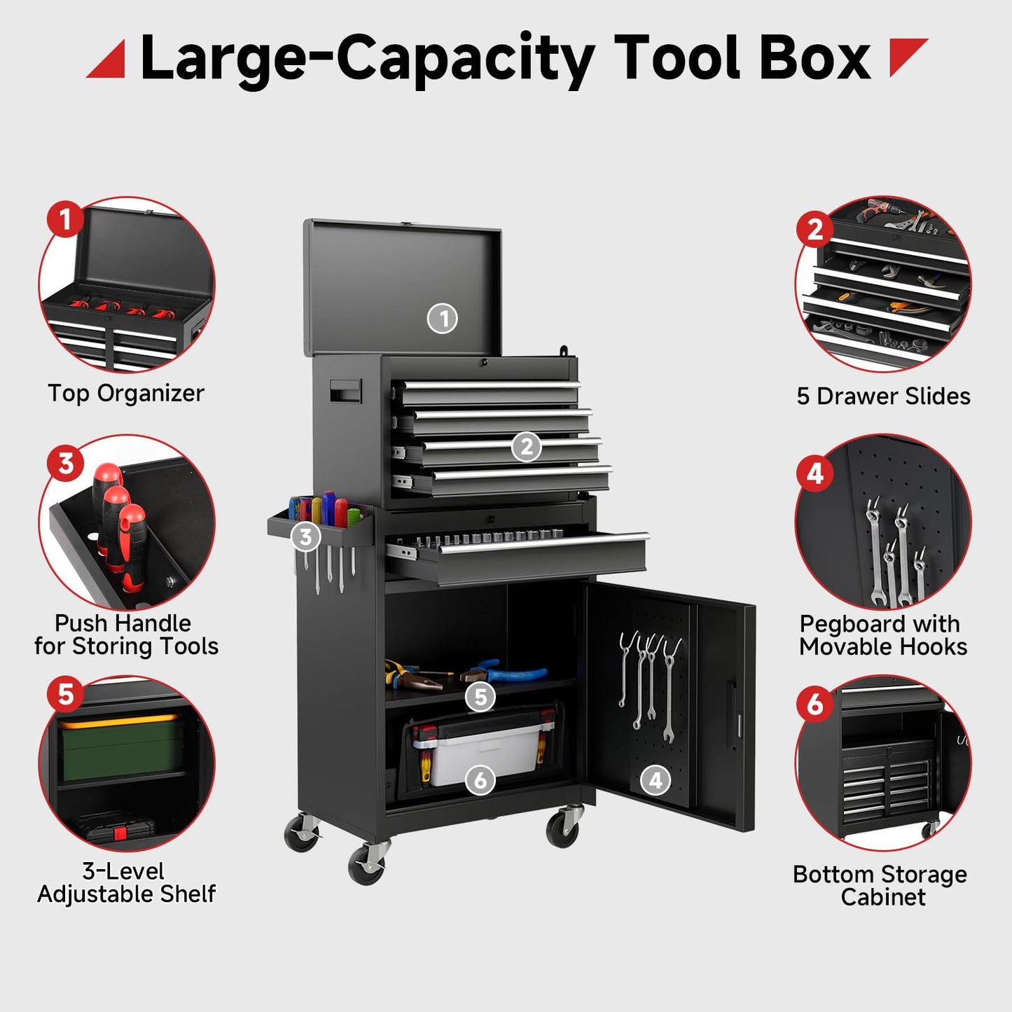 Rovibek Rolling Tool Chest, 5-Drawer Rolling Tool Chest with Detachable Top Toolbox, Lock Bar, Tool Rack, Metal Tool Box for Garage Workshop Warehouse, Black