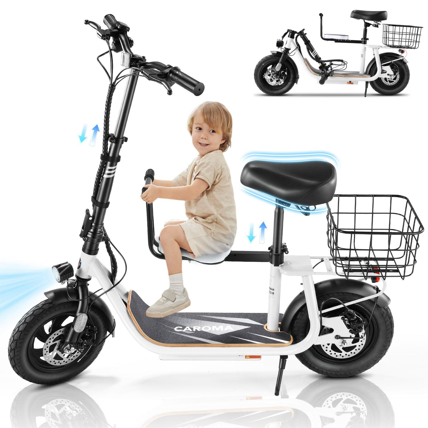 Caroma 1200W Peak Electric Scooter with Seat for Adults, 30 Miles Max Range Electric Scooter for Teens, 20mph Top Speed Foldable Commuter Ebike, Adjustable E-Scooters with Basket